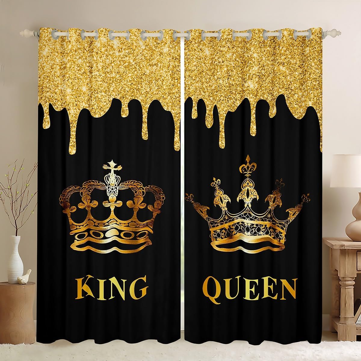 Feelyou Cortinas opacas con corona dorada para ventana King &amp; Q...