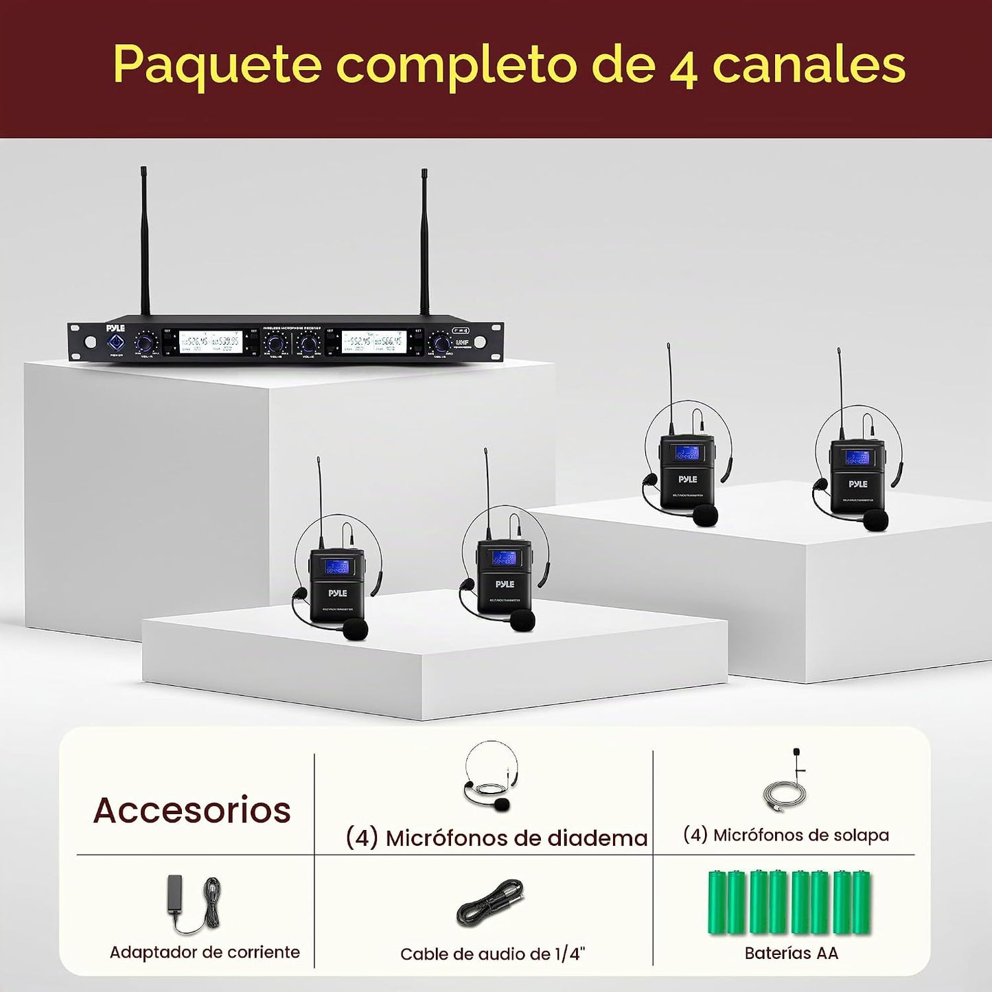 Pyle Sistema de micrófono inalámbrico UHF de 4 canales con 4 micróf...