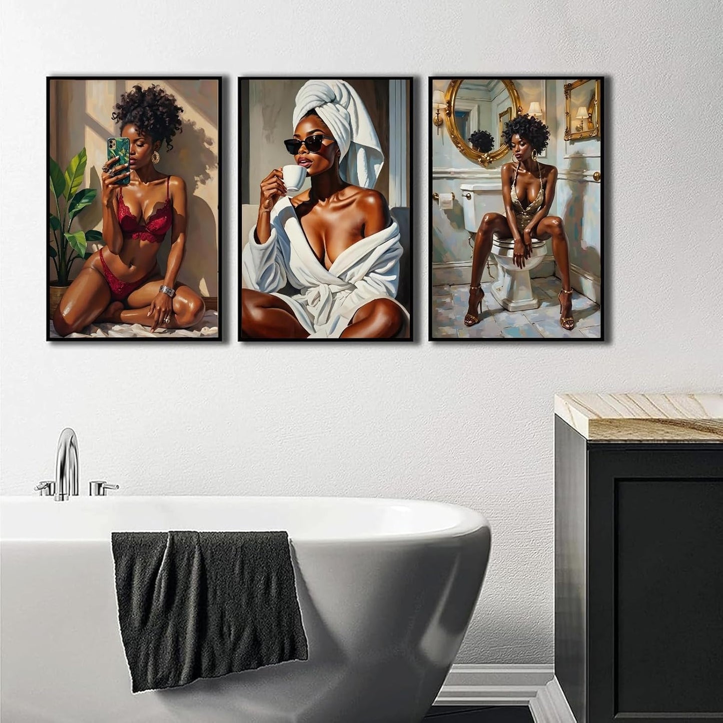 3 piezas de arte de pared de baño de niña negra, póster de pintura...