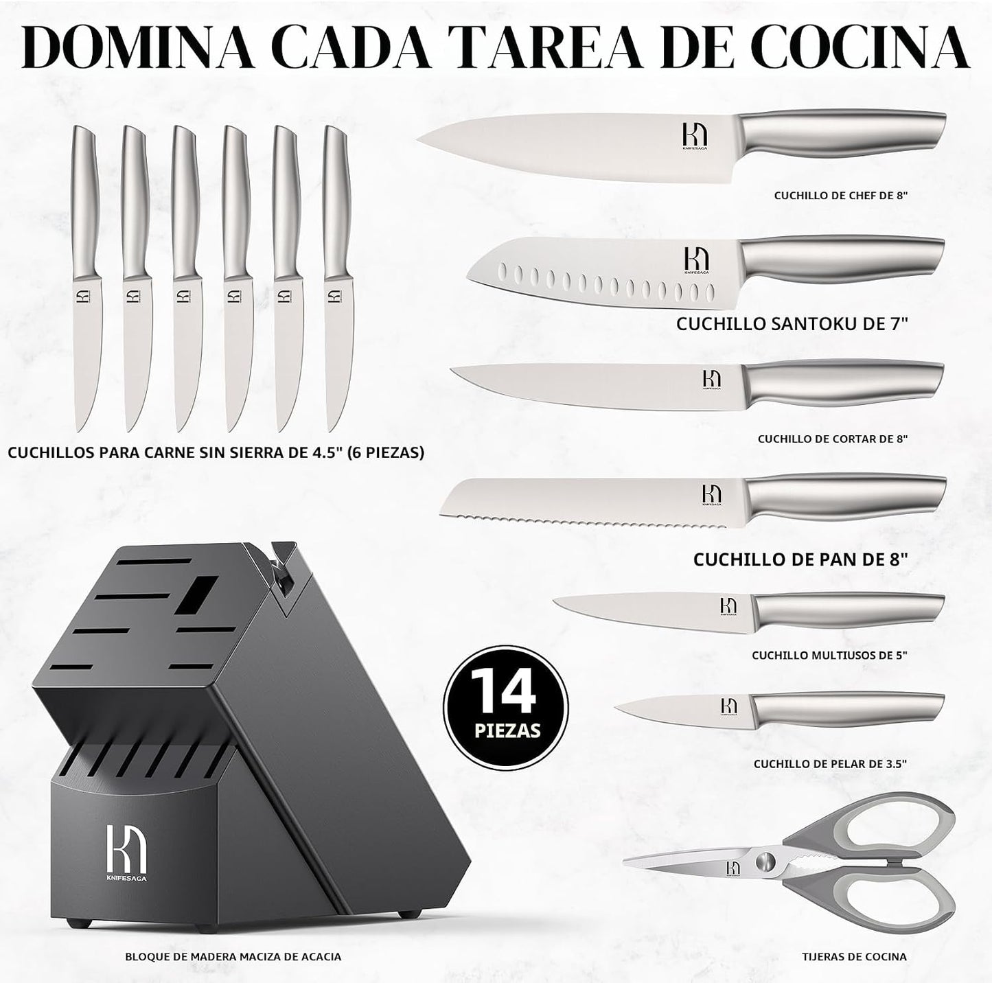 Juego de cuchillos KnifeSaga Premium, juego de bloque de cuchillos...