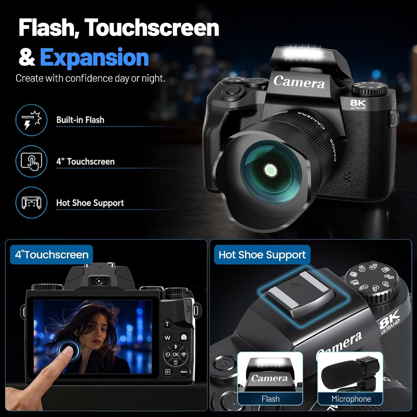 Cámaras digitales 8K para fotografía, cámara de vlogging de 64MP pa...