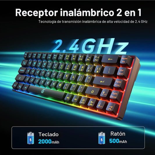 Snpurdiri Combo de teclado y mouse inalámbricos para juegos 60%, co...