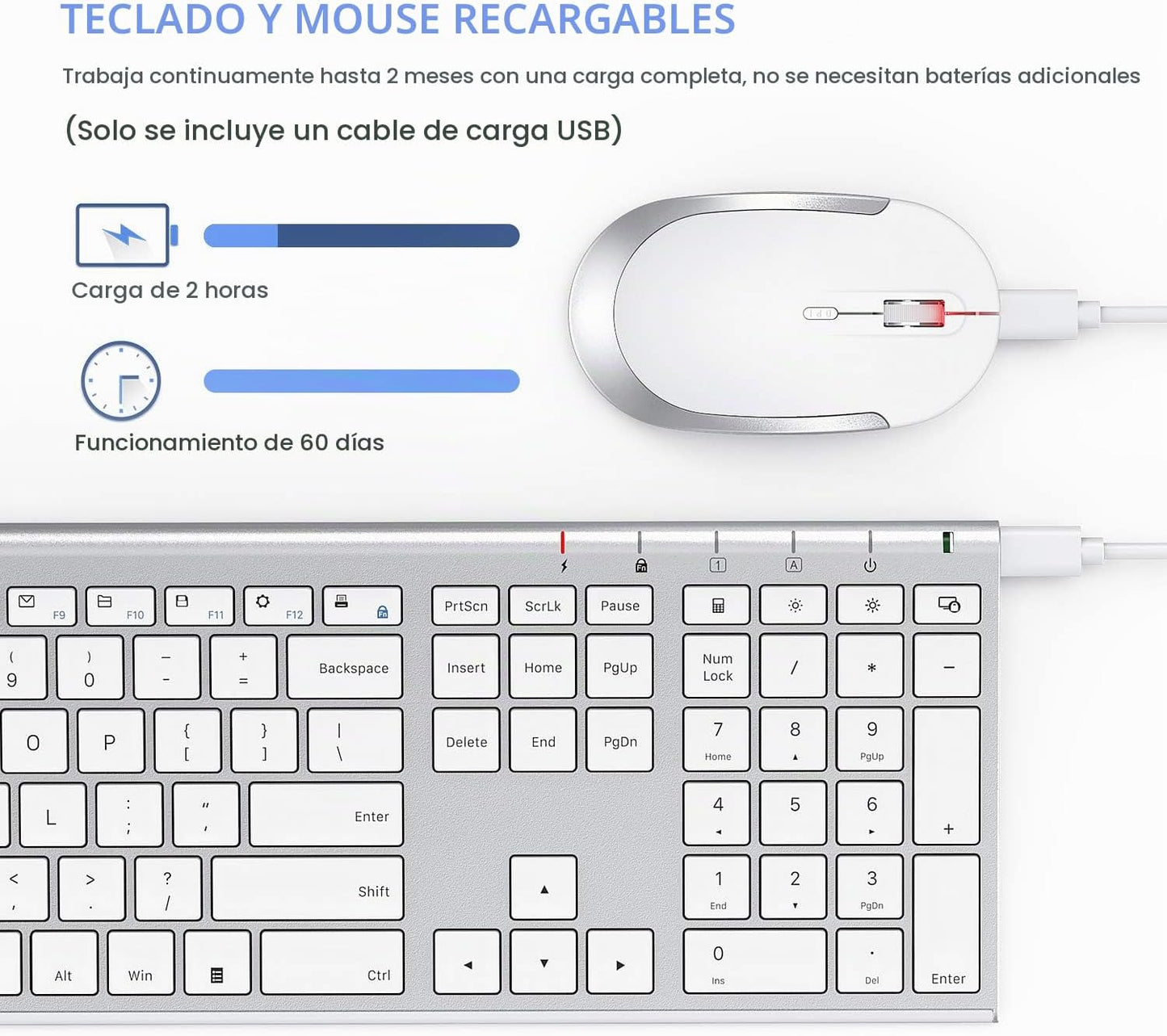 Combo de teclado y mouse inalámbricos, Vssoplor 2.4GHz recargable,...