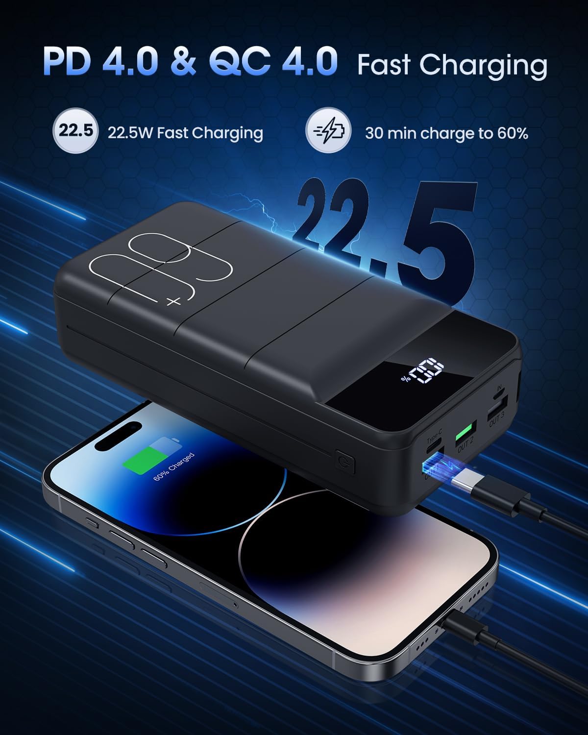 Cargador Portátil 60000mAh Banco de Energía - Carga Rápida 22.5W Pa...