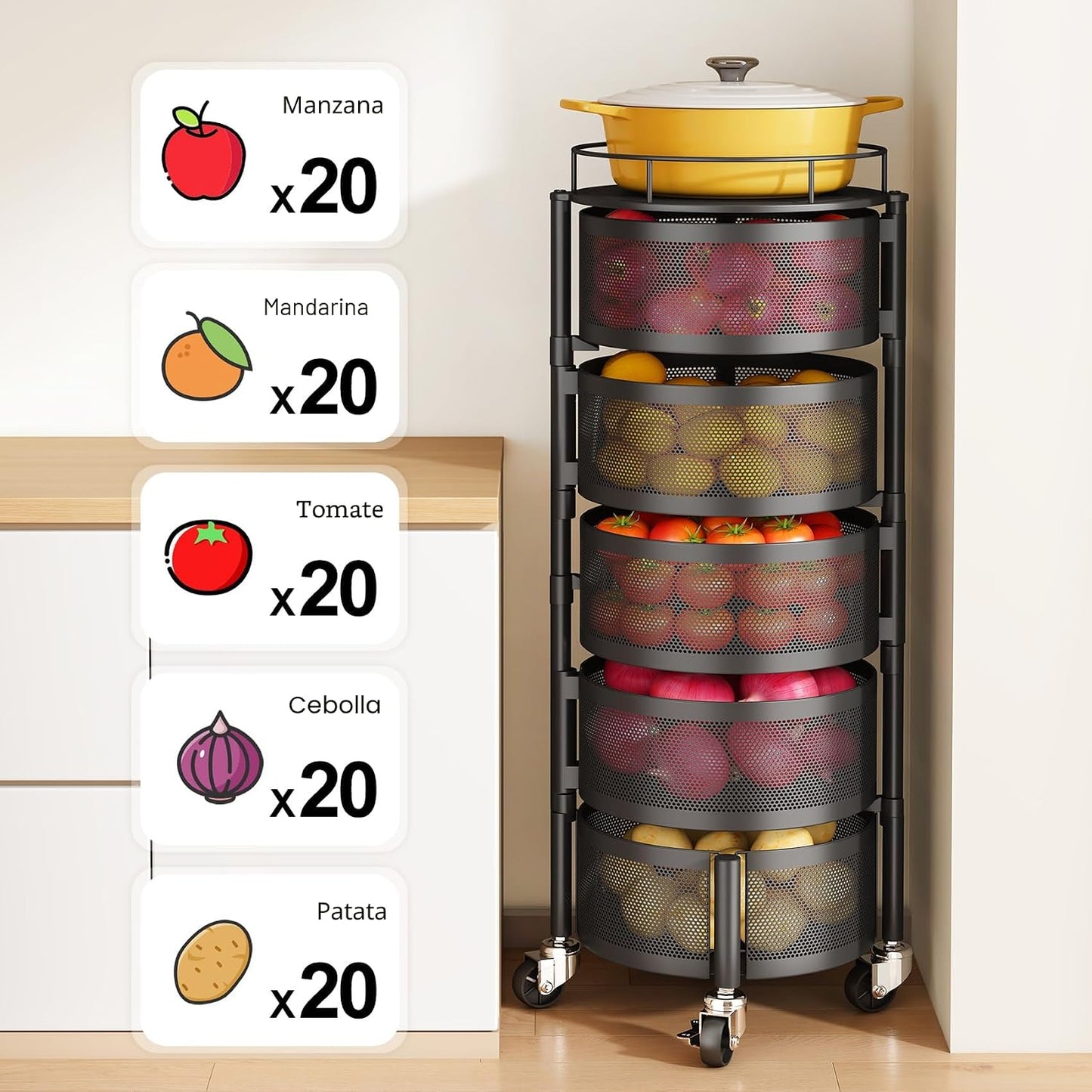 SNTD Cesta de frutas y verduras para cocina con tapa superior de me...