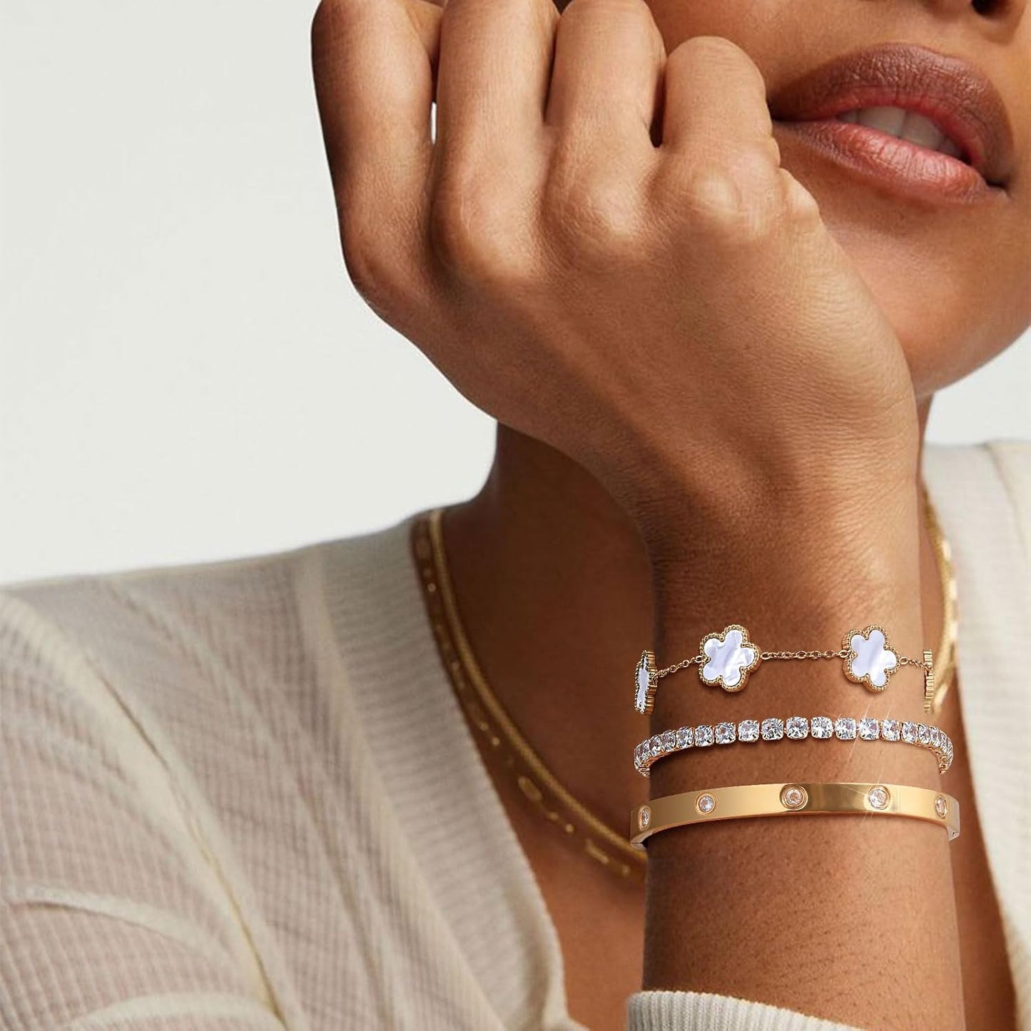 Pulseras florales apilables para mujer en oro - Juego de 3 pulseras...
