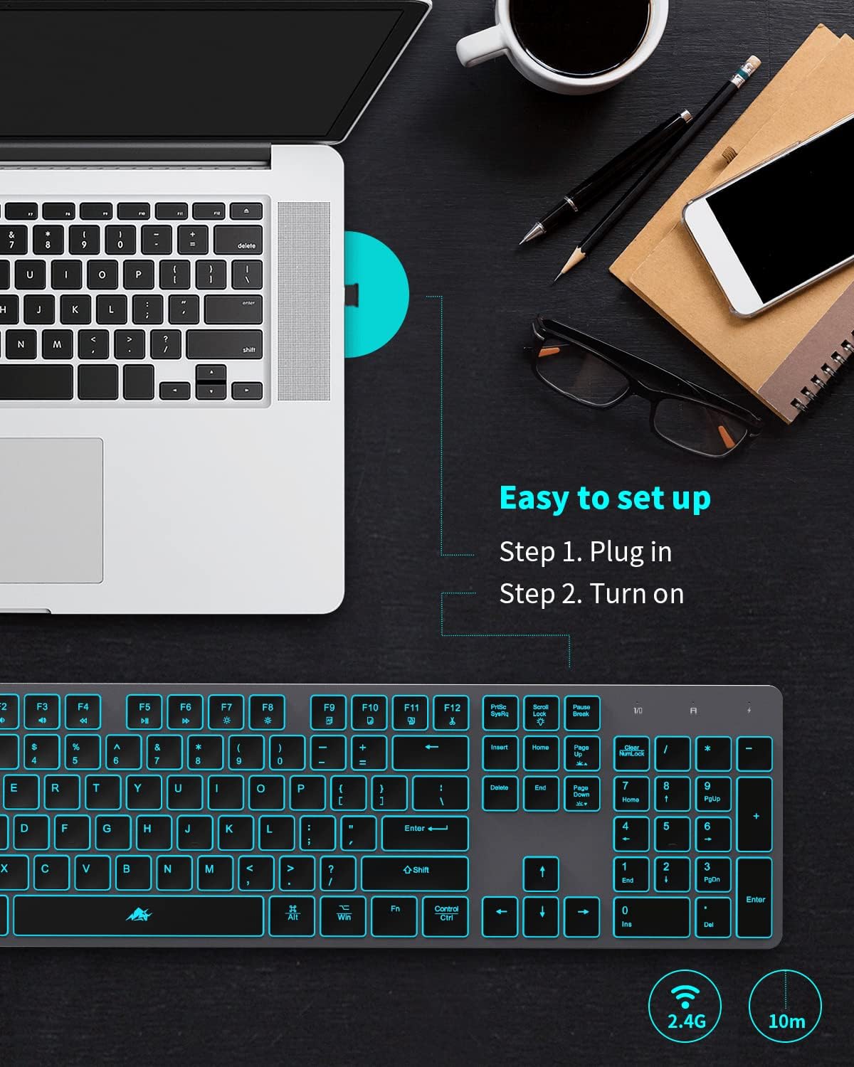 Teclado inalámbrico retroiluminado, teclado silencioso USB recargab...