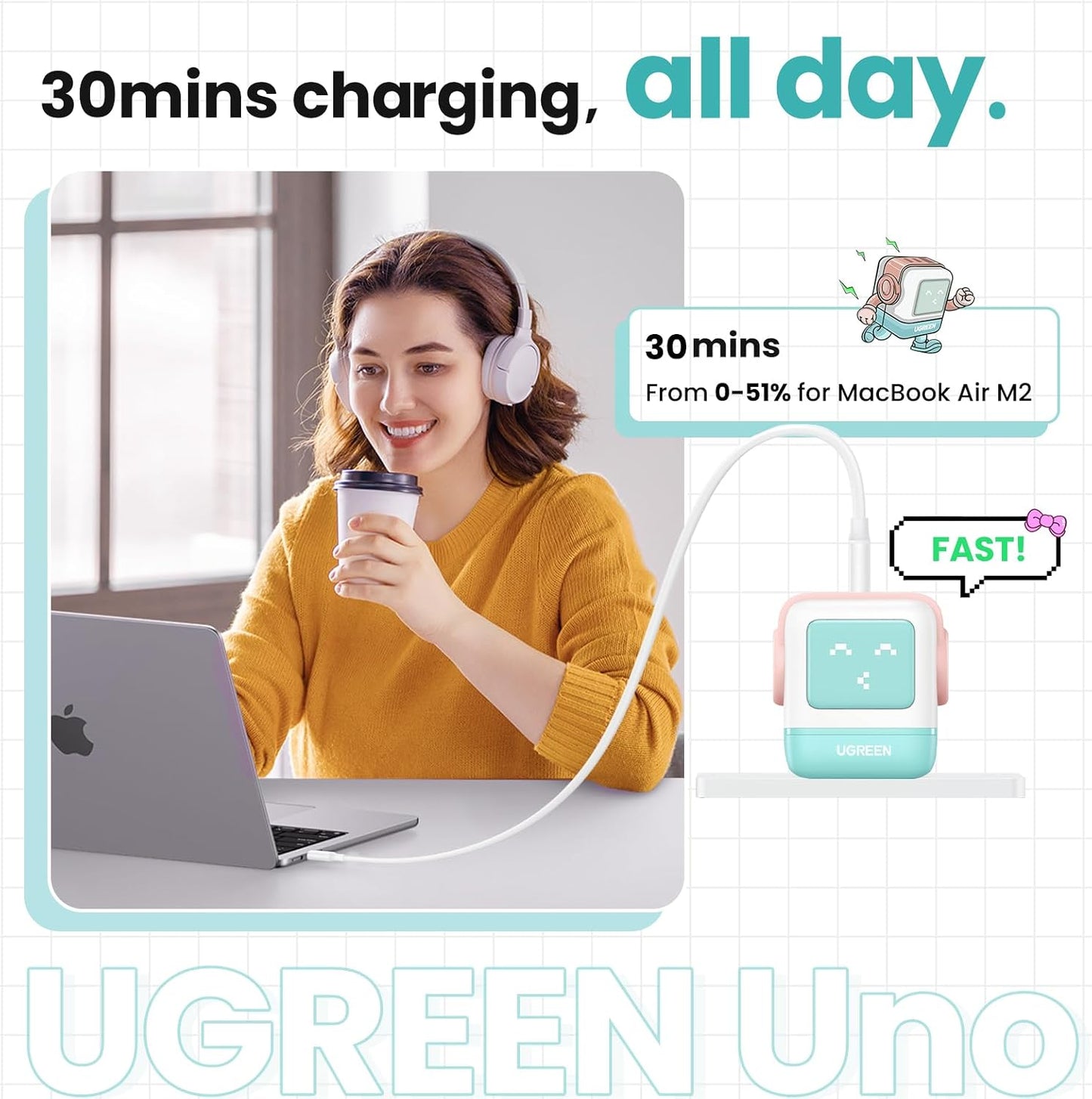 UGREEN Uno - Bloque de cargador USB C de 65 W, cargador GaN de 3 pu...