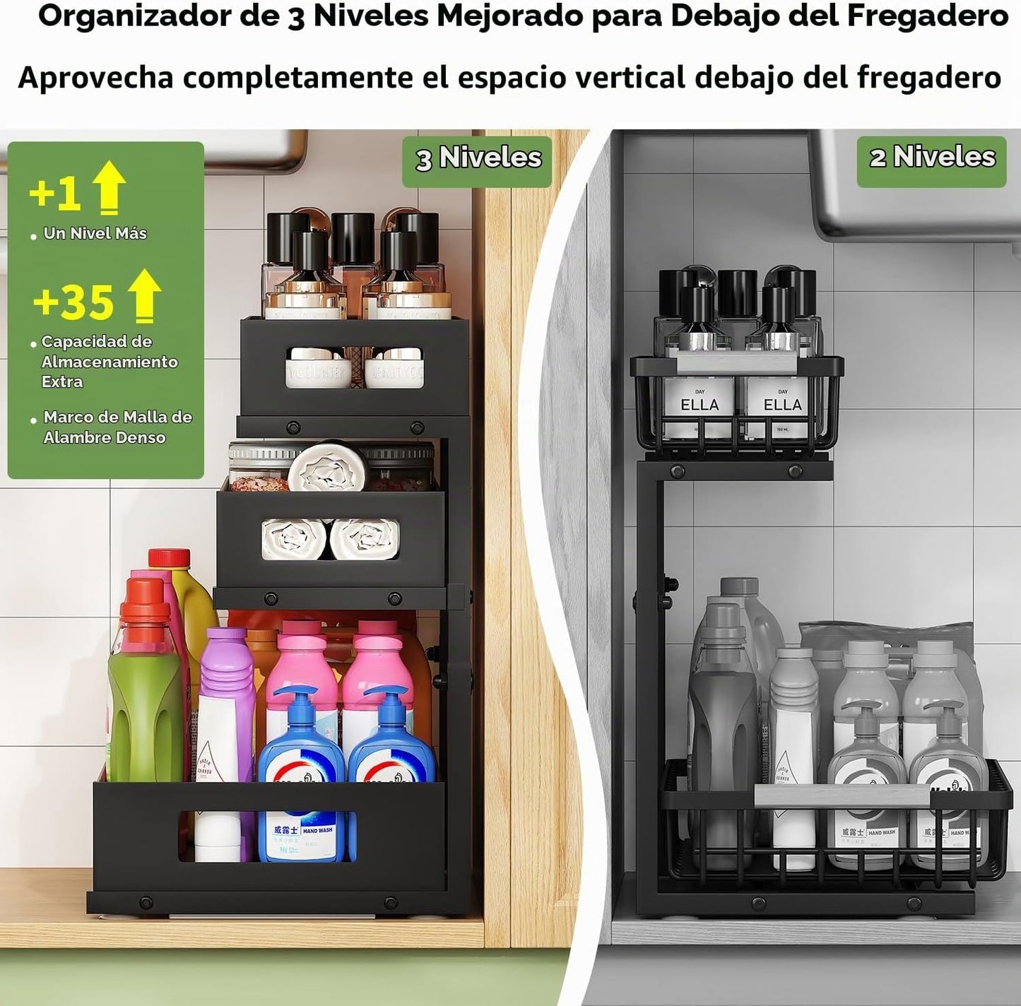Organizador de 3 niveles para debajo del fregadero, paquete de 2 es...