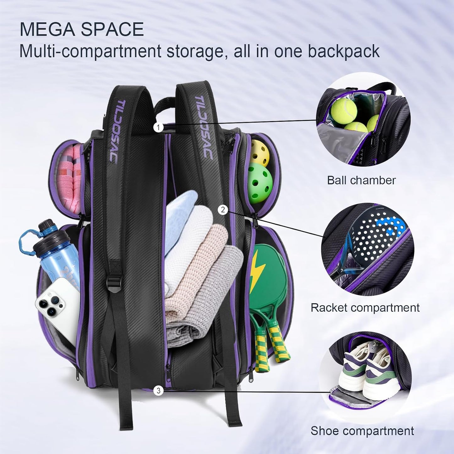 TILDOSAC Bolsa desmontable 2 en 1 para pickleball y pádel para homb...
