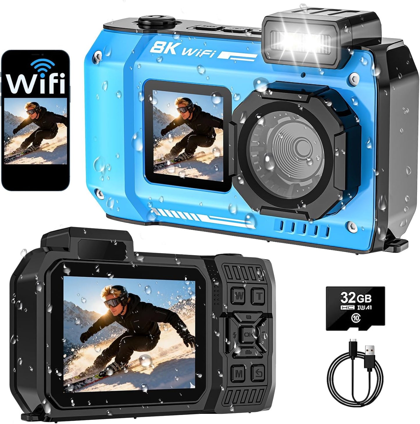 Cámara subacuática 8K, cámara digital impermeable WiFi de 70MP 33FT...