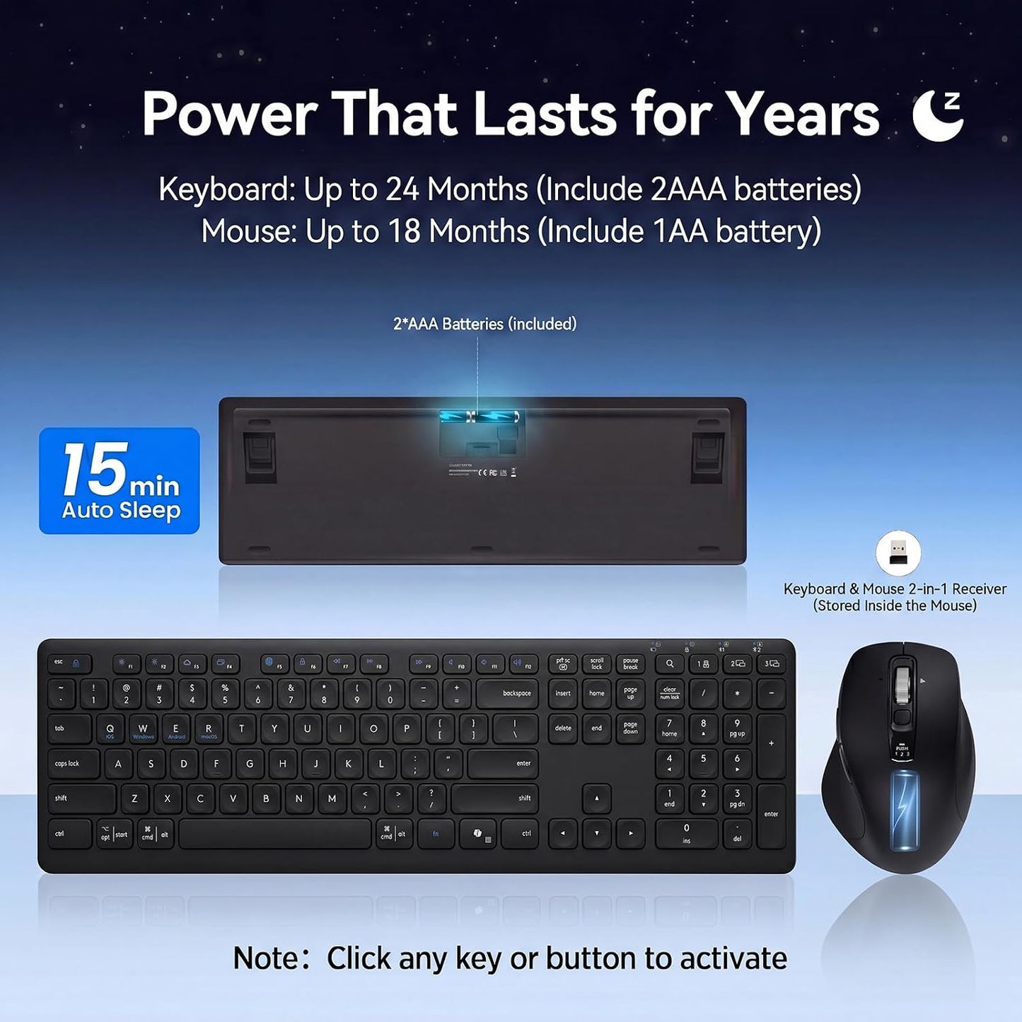 Combinación de teclado y mouse inalámbricos, multidispositivo, sile...