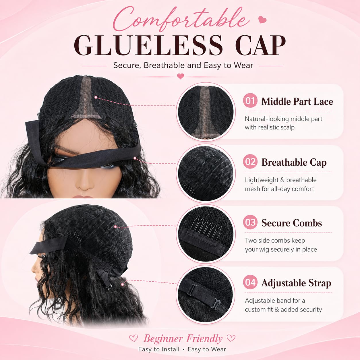 SilkSleek Peluca de cabello humano ondulado de 16 pulgadas, parte m...