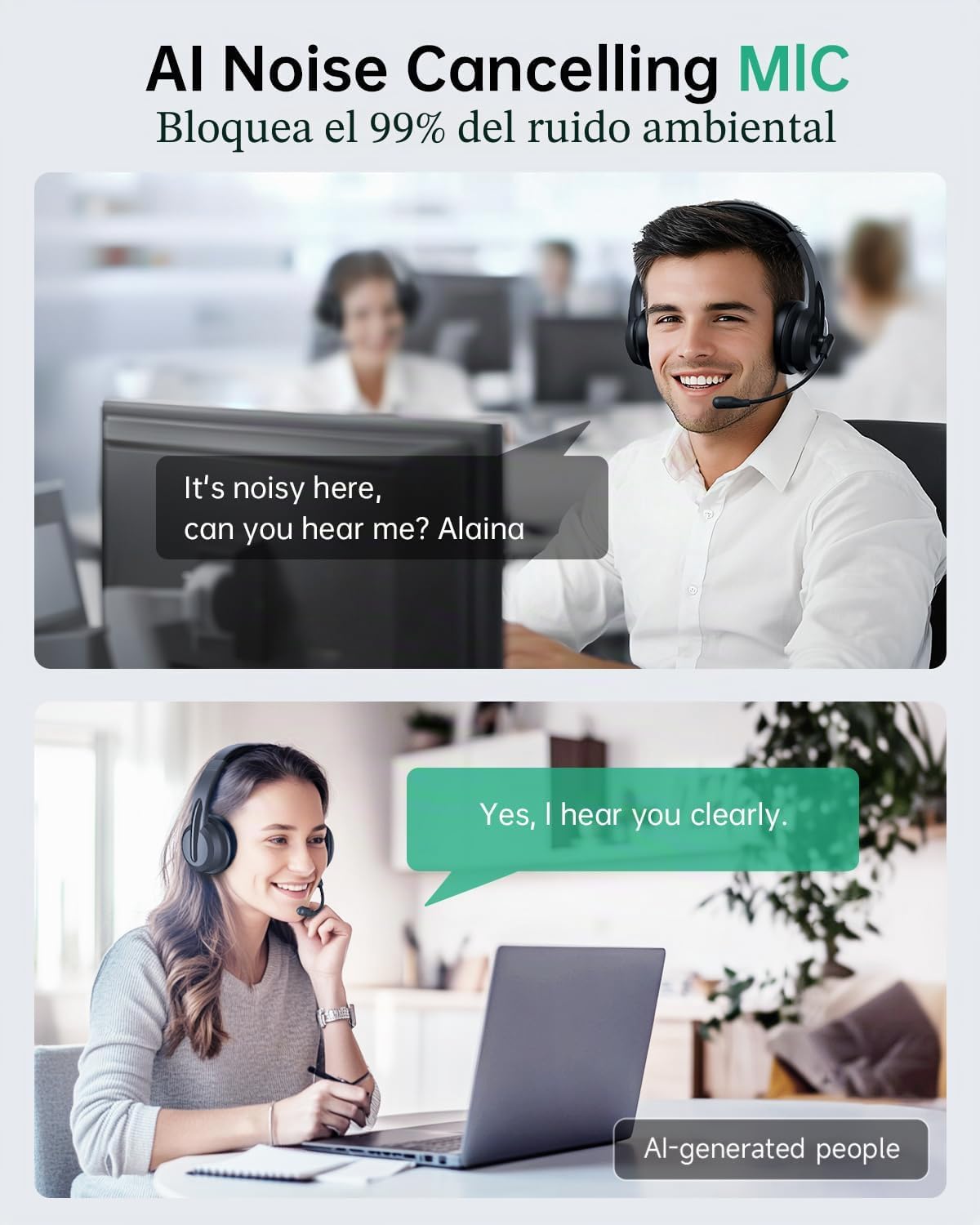 AOC Auriculares inalámbricos con micrófono para trabajar con micróf...