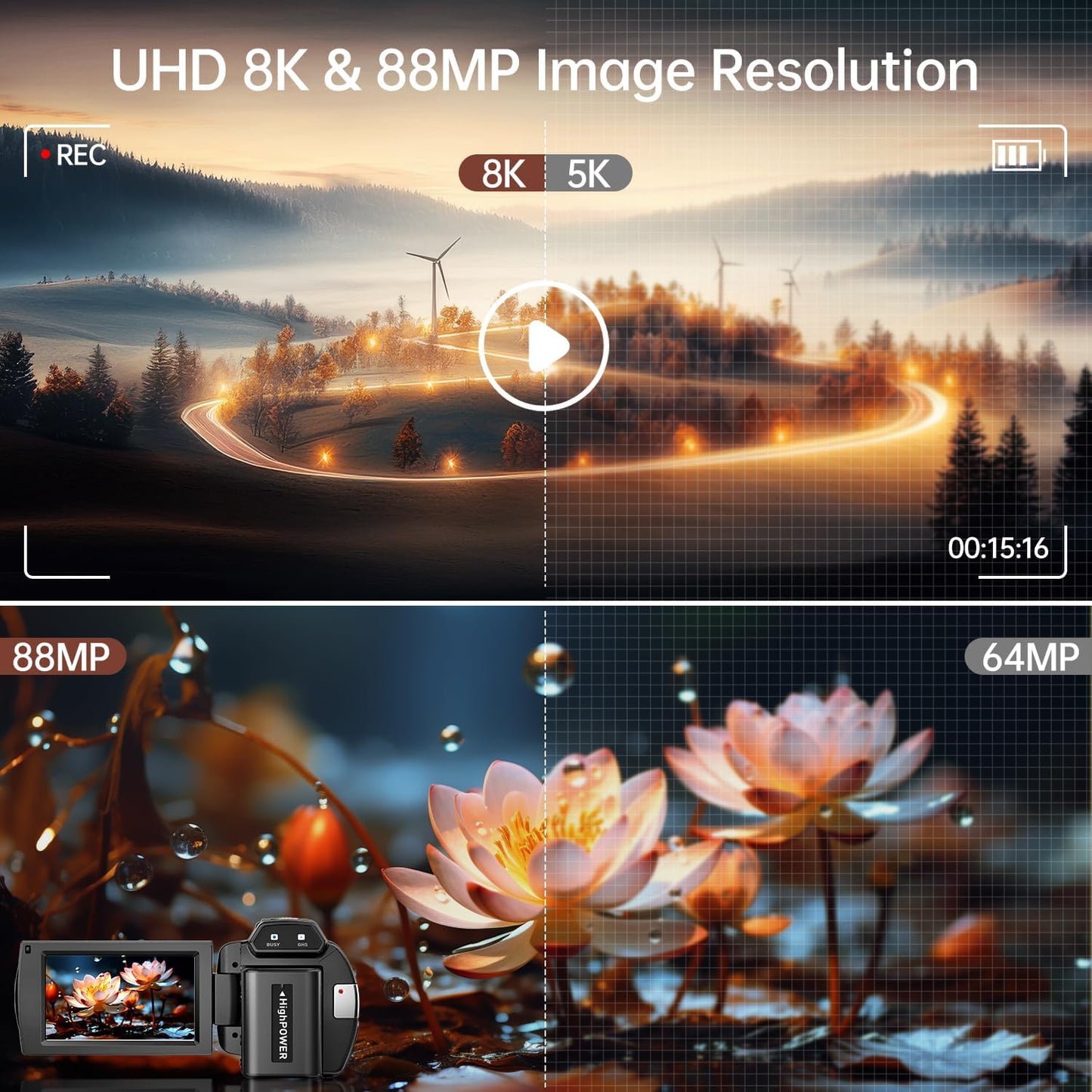 FlyFrost Cámara de video 8K 88MP UHD WiFi Vlogging Cámaras para You...
