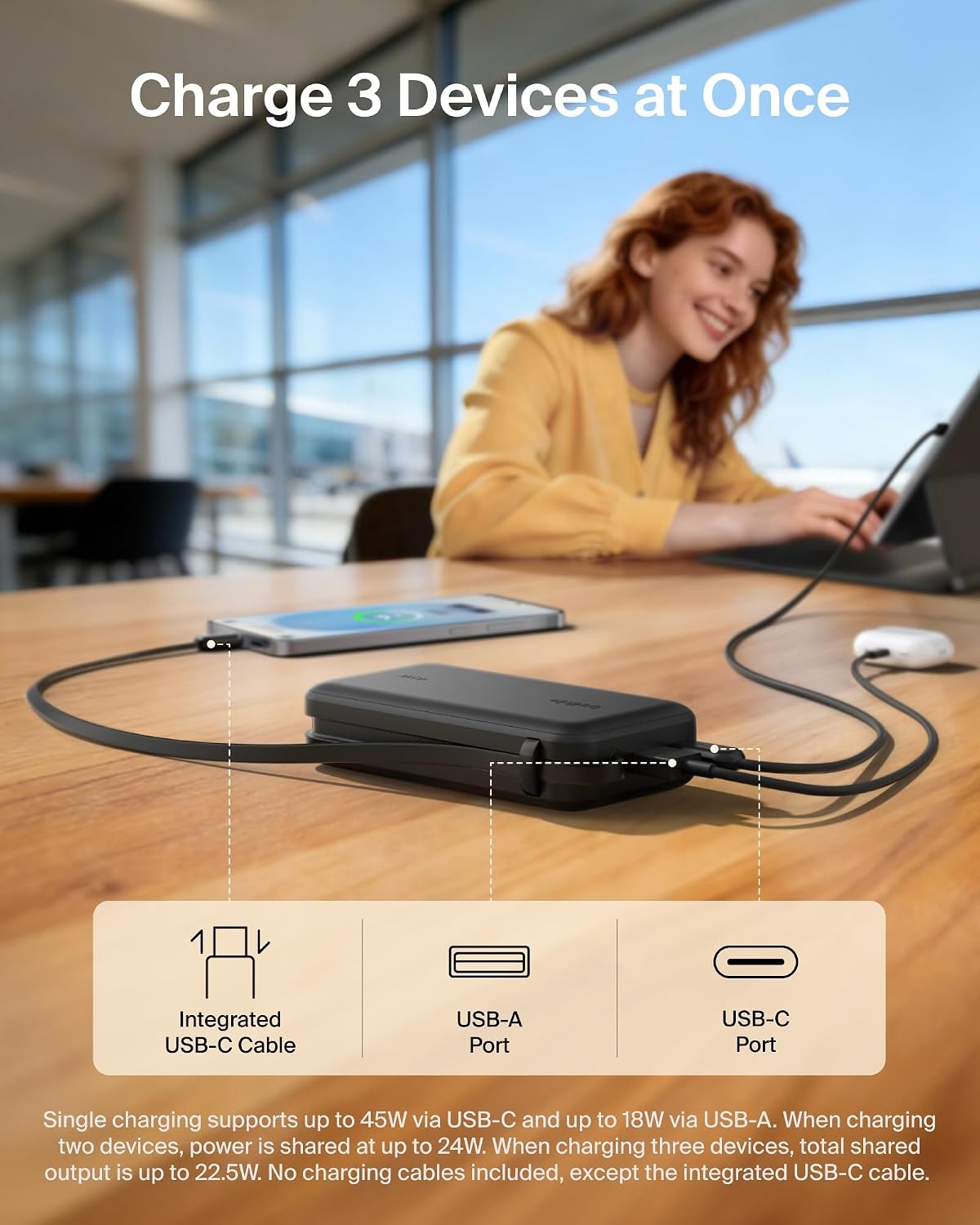 Belkin 10000mAh 45W Cargador portátil Power Bank, cable USB C integ...