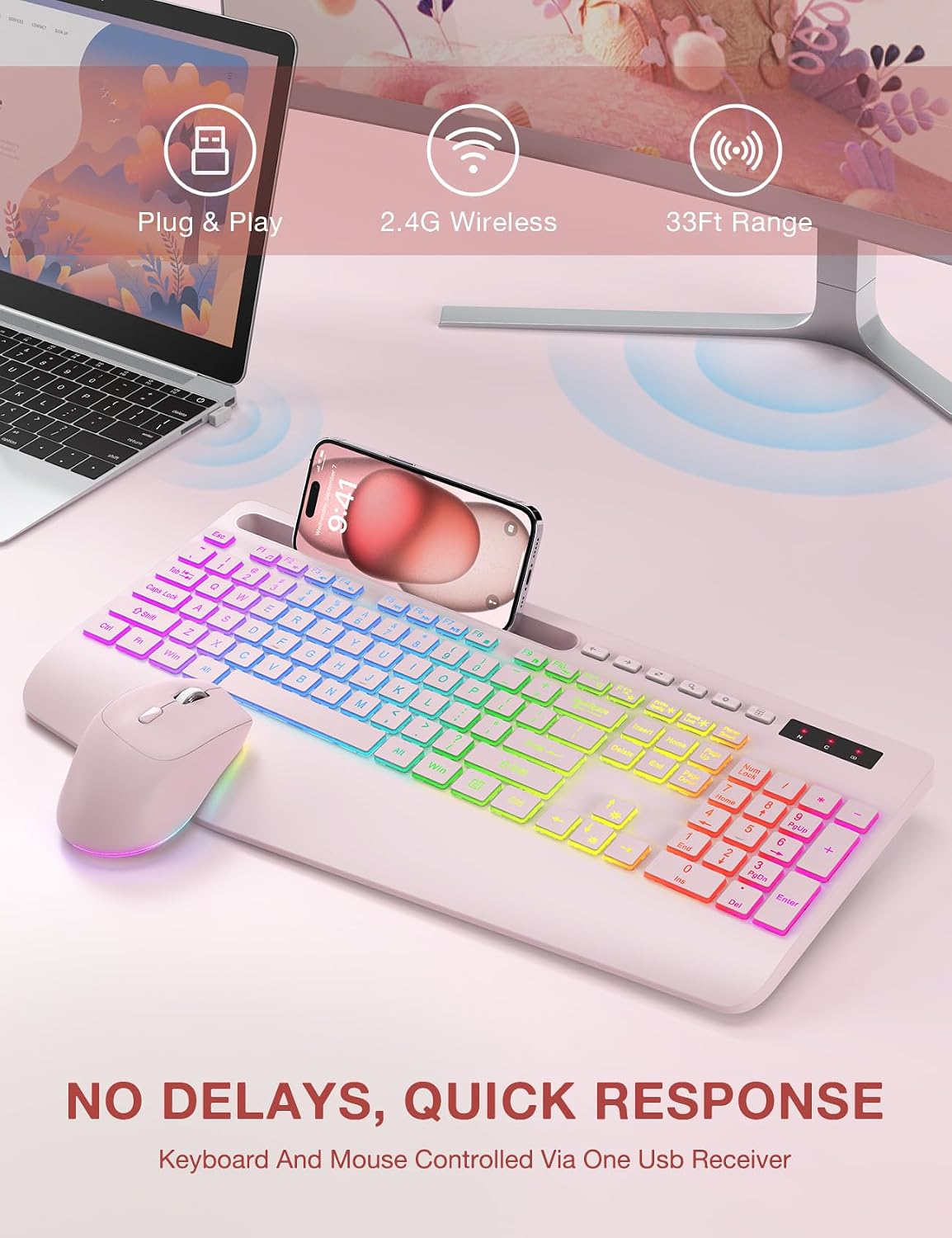 Combo de teclado y mouse inalámbricos, 9 efectos retroiluminados, r...