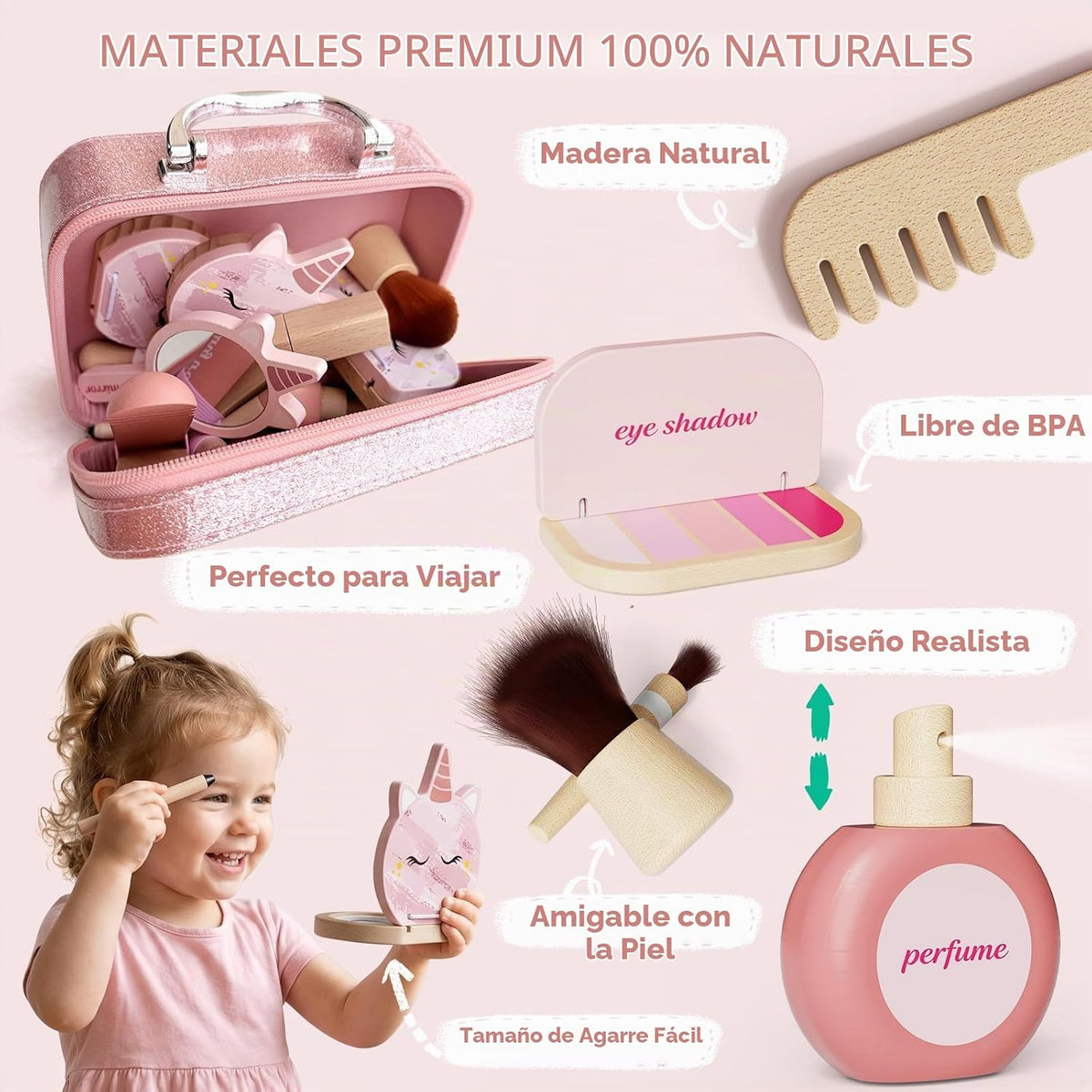 Kit de maquillaje de madera para niñas, juego de maquillaje de simu...