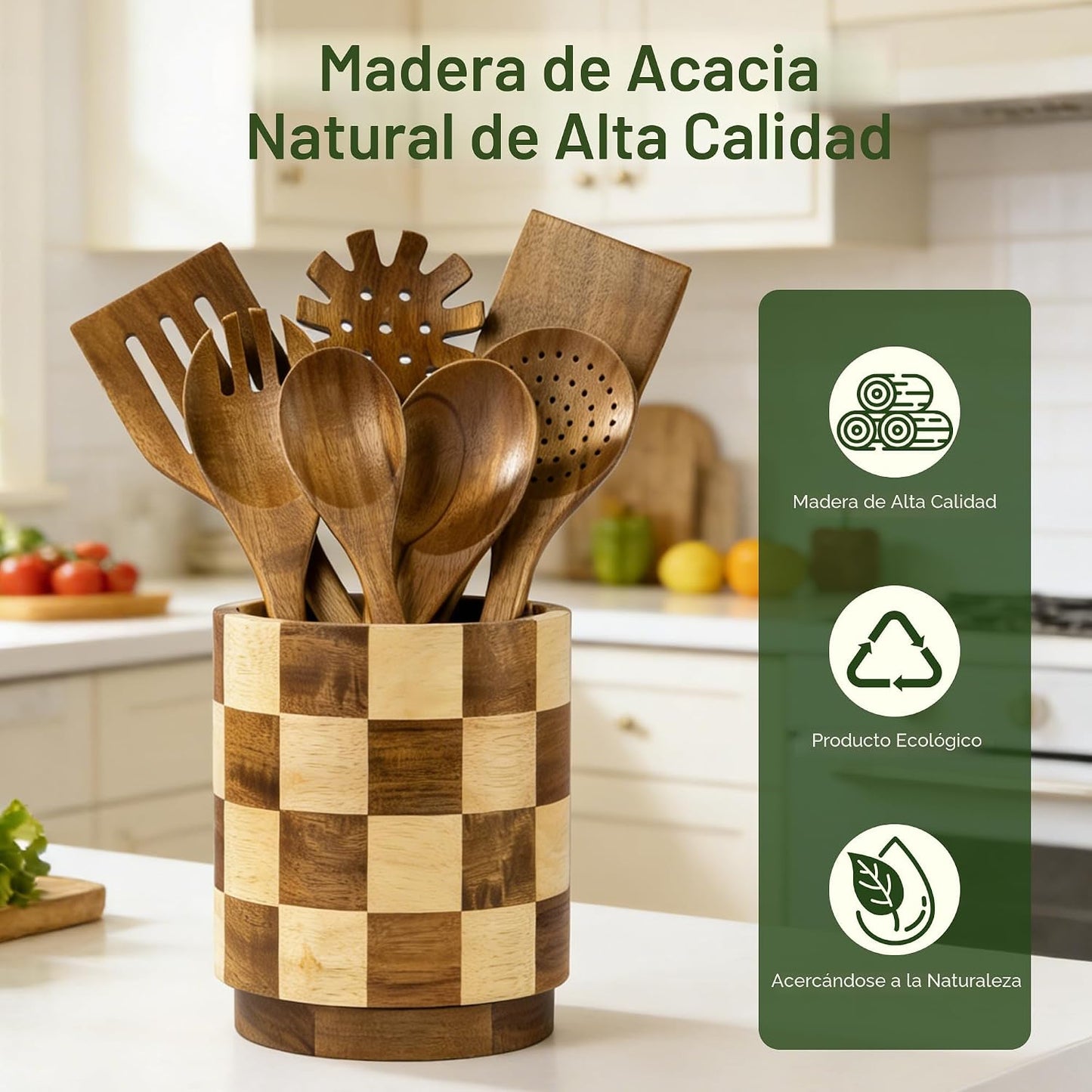 Fyctio Soporte de utensilios de madera, 360 ° giratorio a cuadros s...
