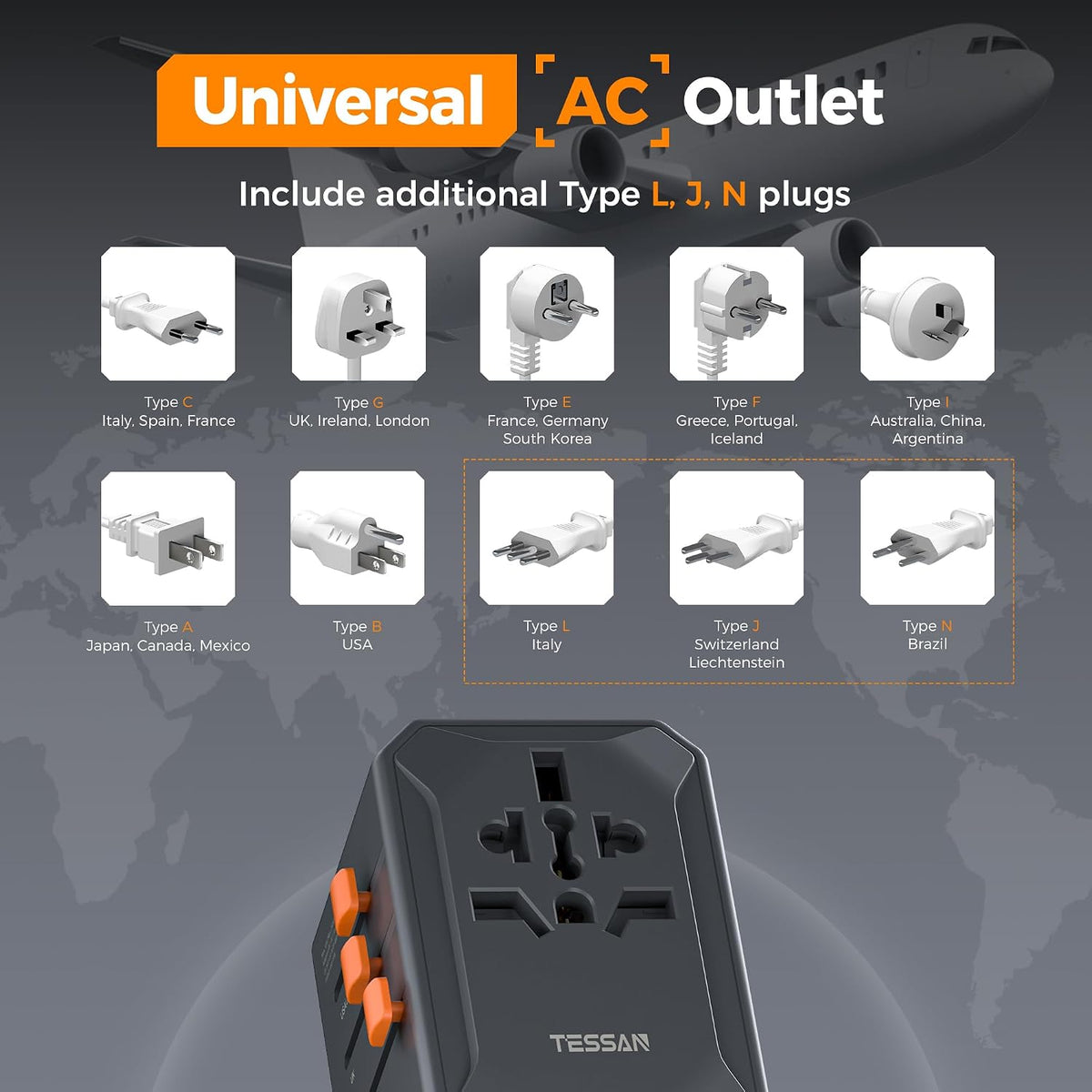 TESSAN Adaptador universal de viaje, GaN 65W, negro | Adaptador de...