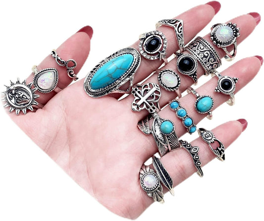 17IF Juego de anillos de nudillos plateados vintage para mujeres y...