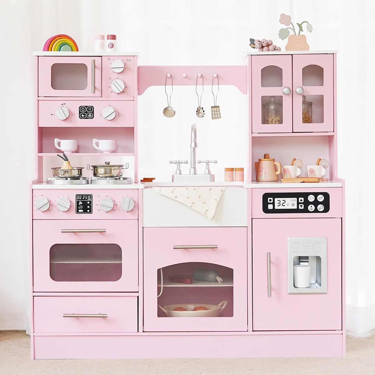 Cocina de juguete de madera para niños pequeños y niños con luces y...