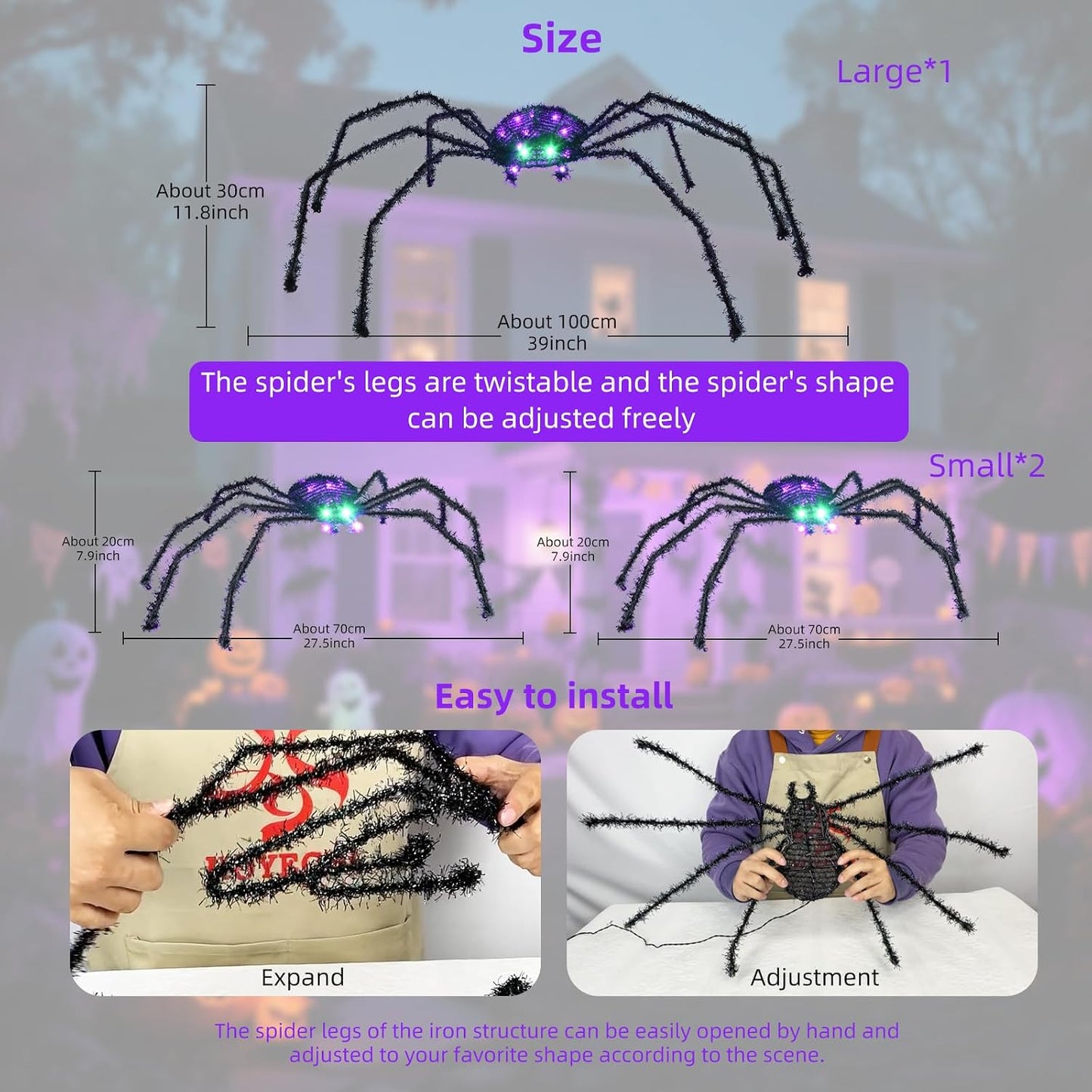 HOYECHI Araña de Halloween iluminada de 3 piezas, decoraciones navi...