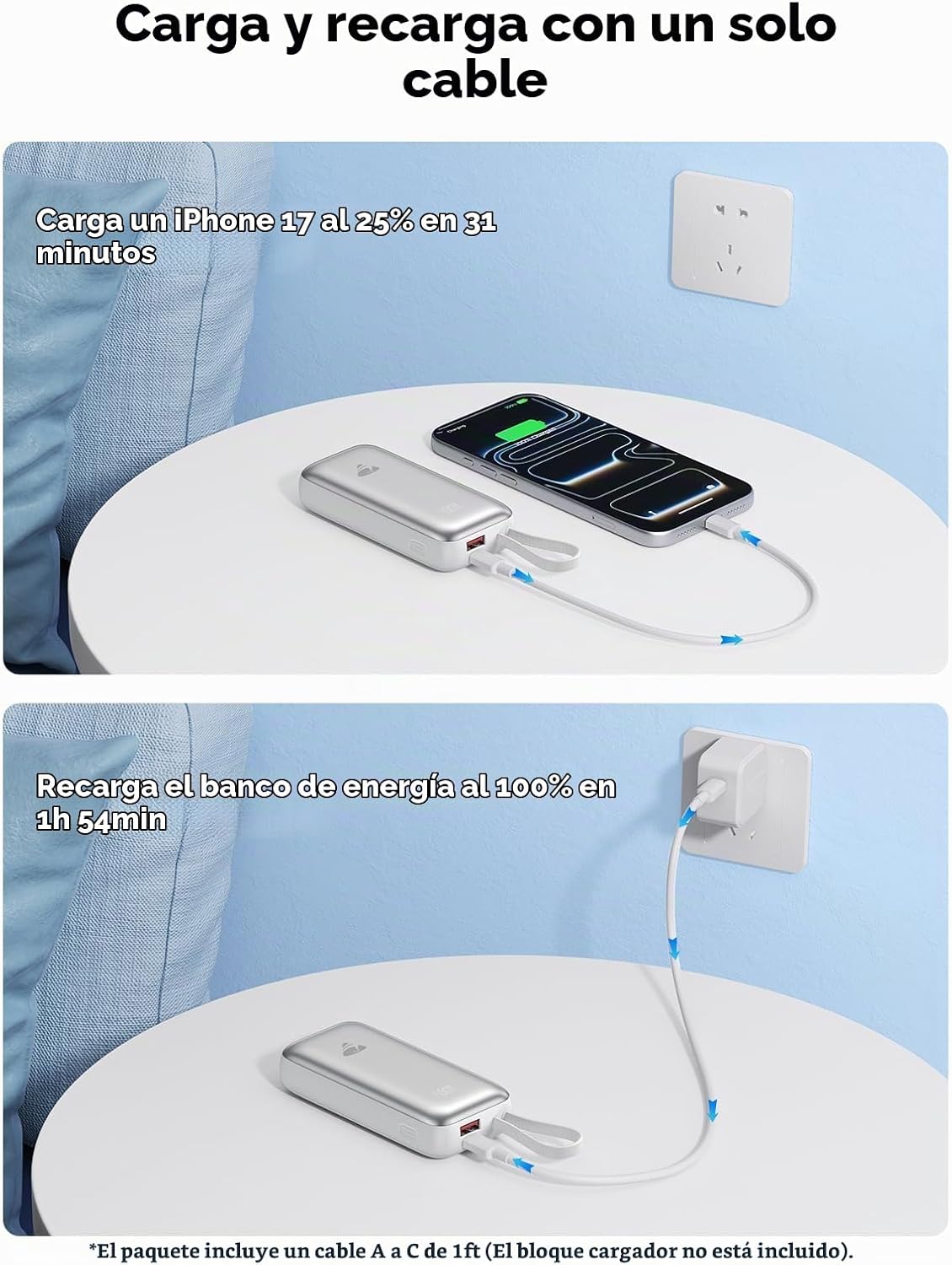 Cargador portátil Aioneus Banco de energía con cables integrados 10...