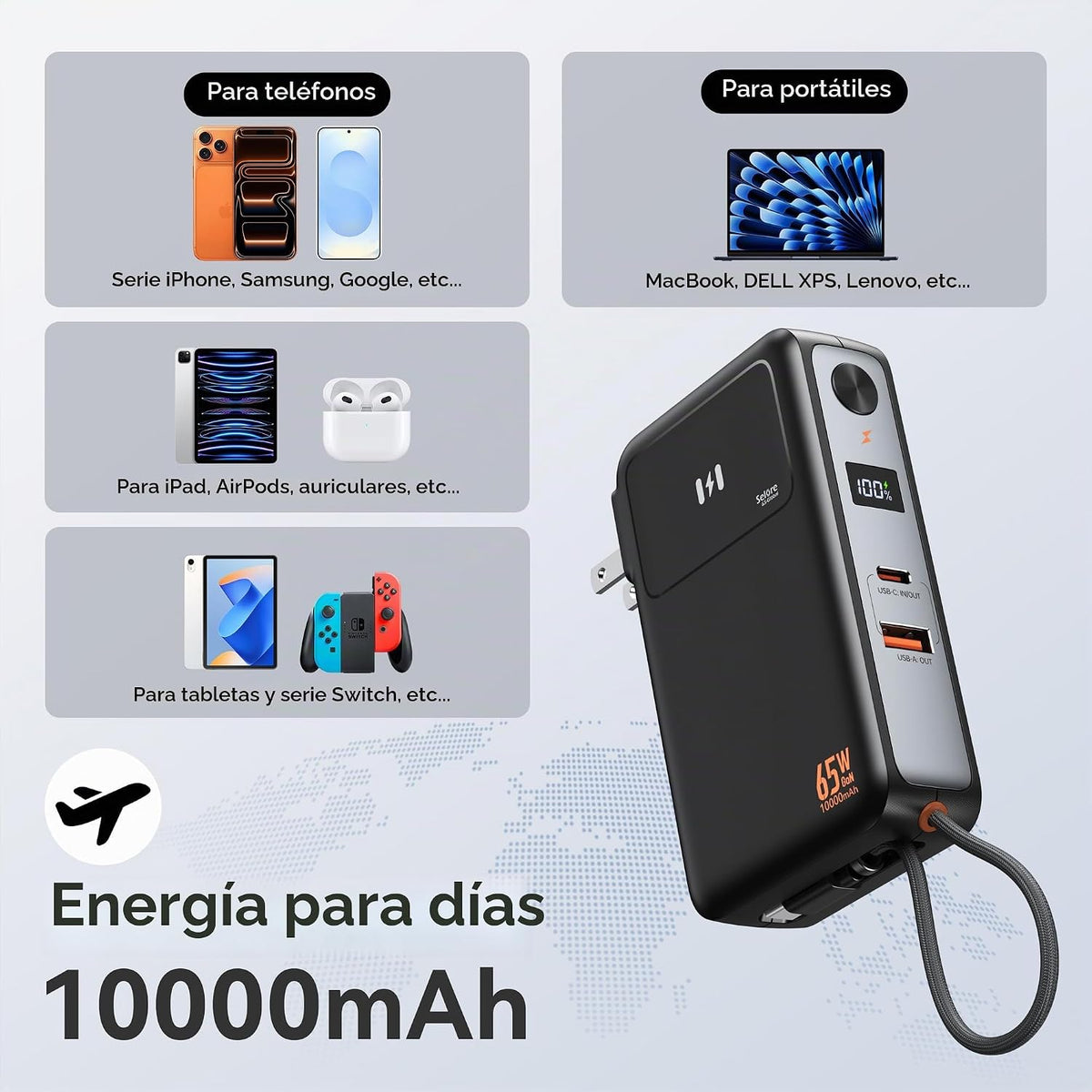 Selore&amp;S-Global - Cargador de teléfono portátil 3 en 1 con ench...