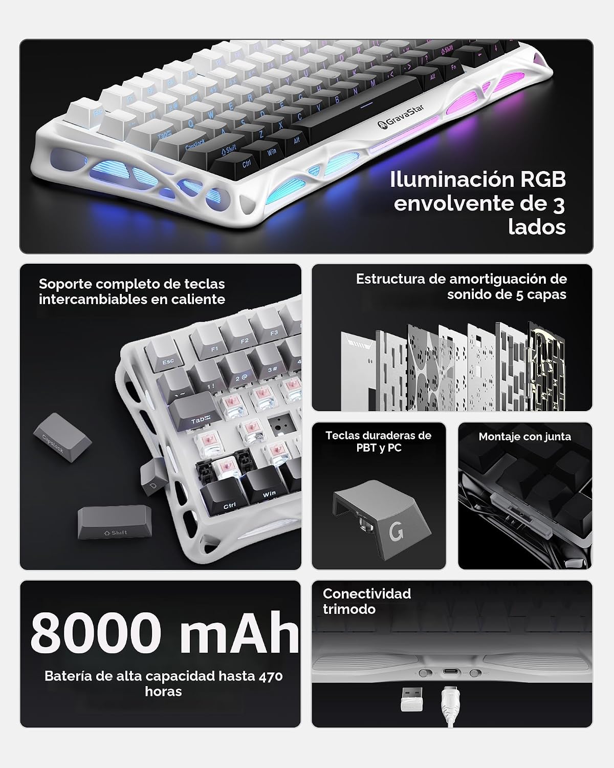GravaStar Teclado mecánico inalámbrico Mercury K1 75% para juegos,...