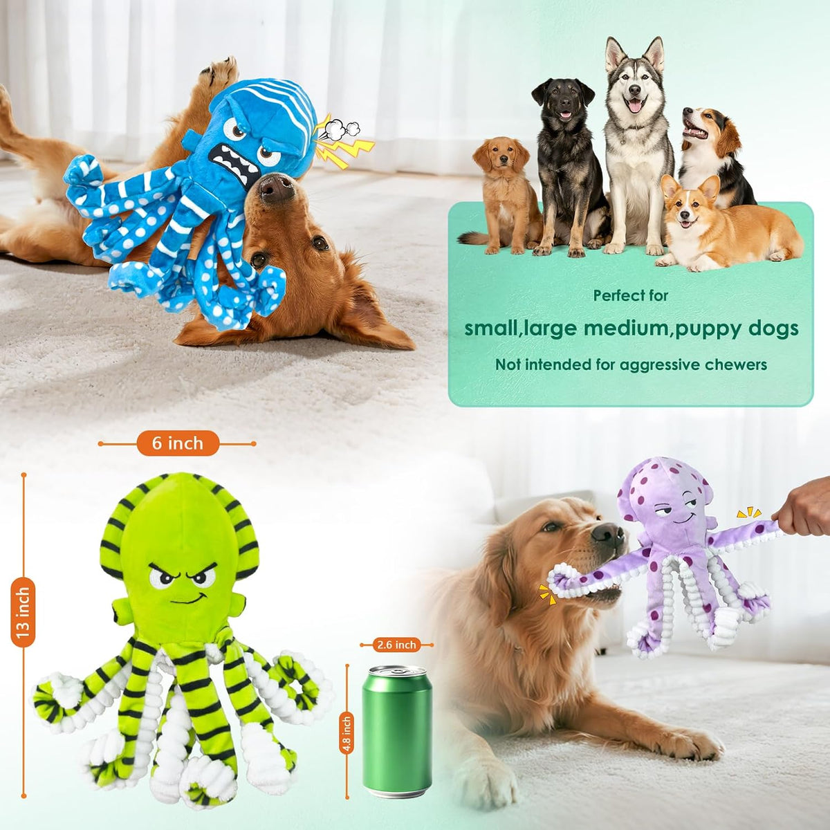 Fuufome Juguetes masticables de pulpo para perros, paquete de 3 jug...