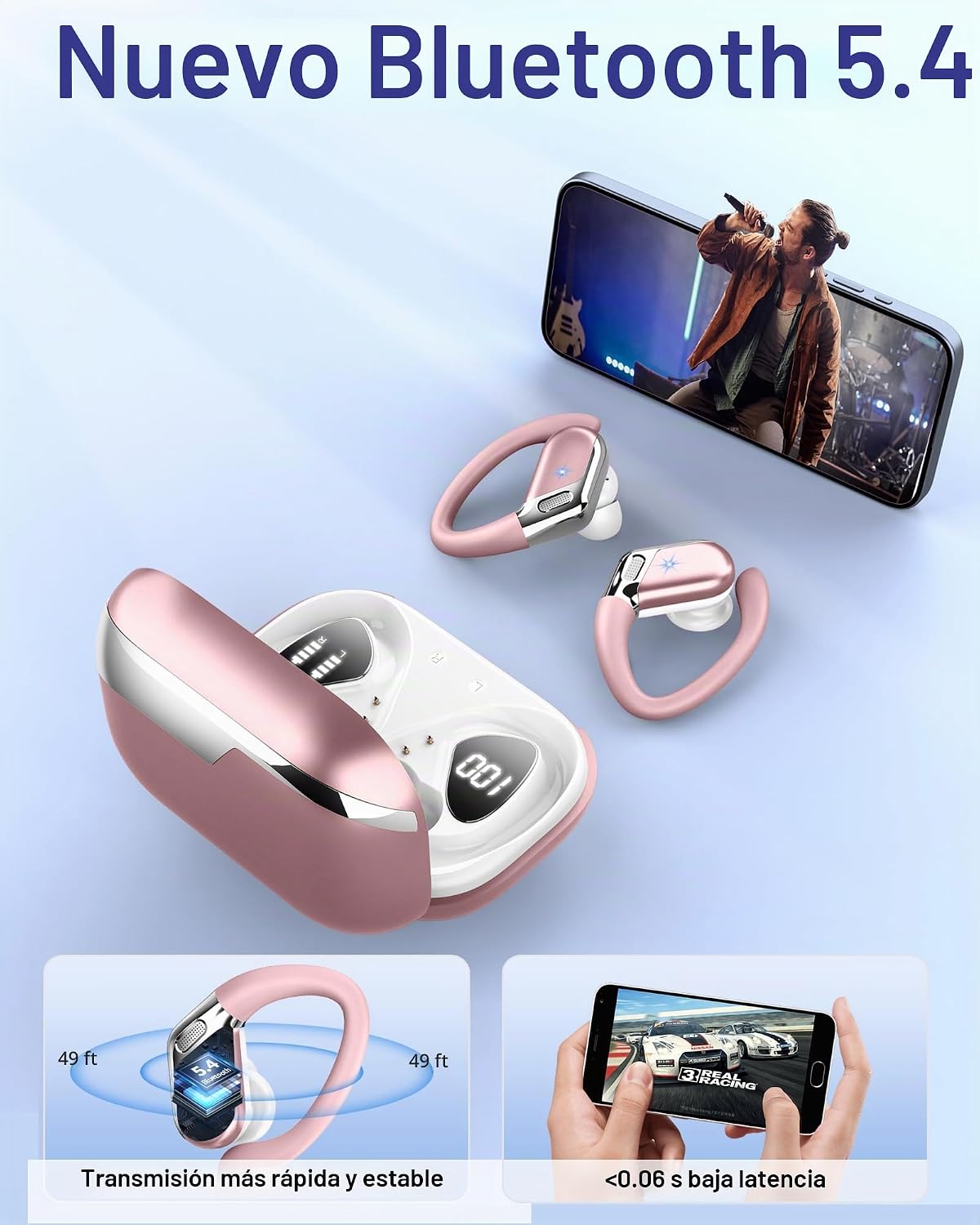 Auriculares inalámbricos, Bluetooth 5.4 deportivos, sonido de grave...