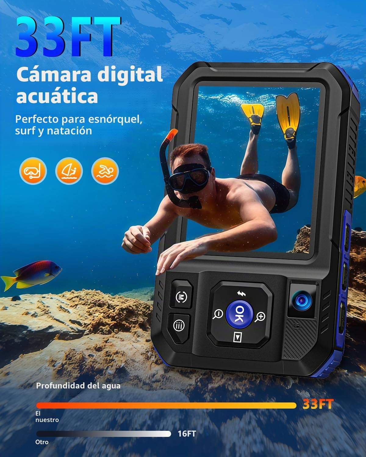 Cámara digital subacuática 5K de 33 pies de 96 MP impermeable, con...