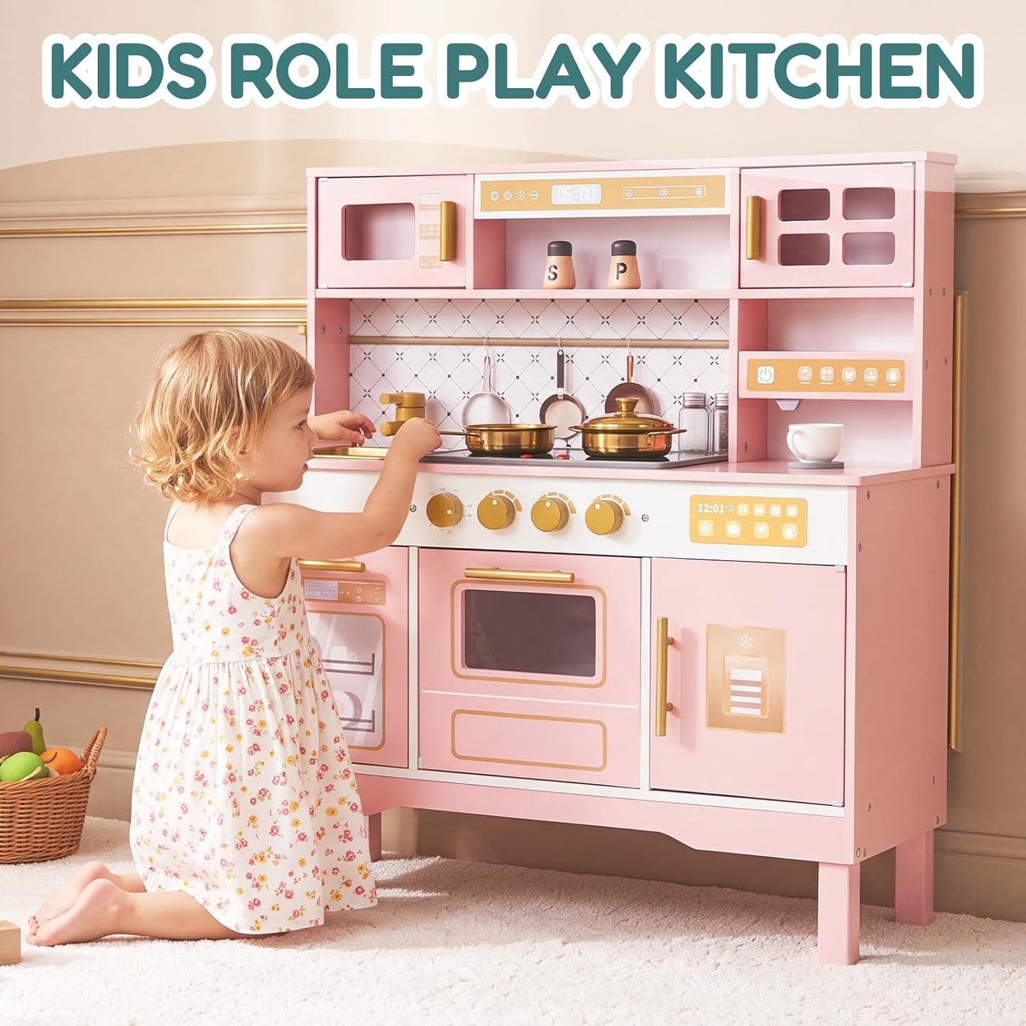 Cocina de madera para niños, moderno juego de cocina blanca con est...