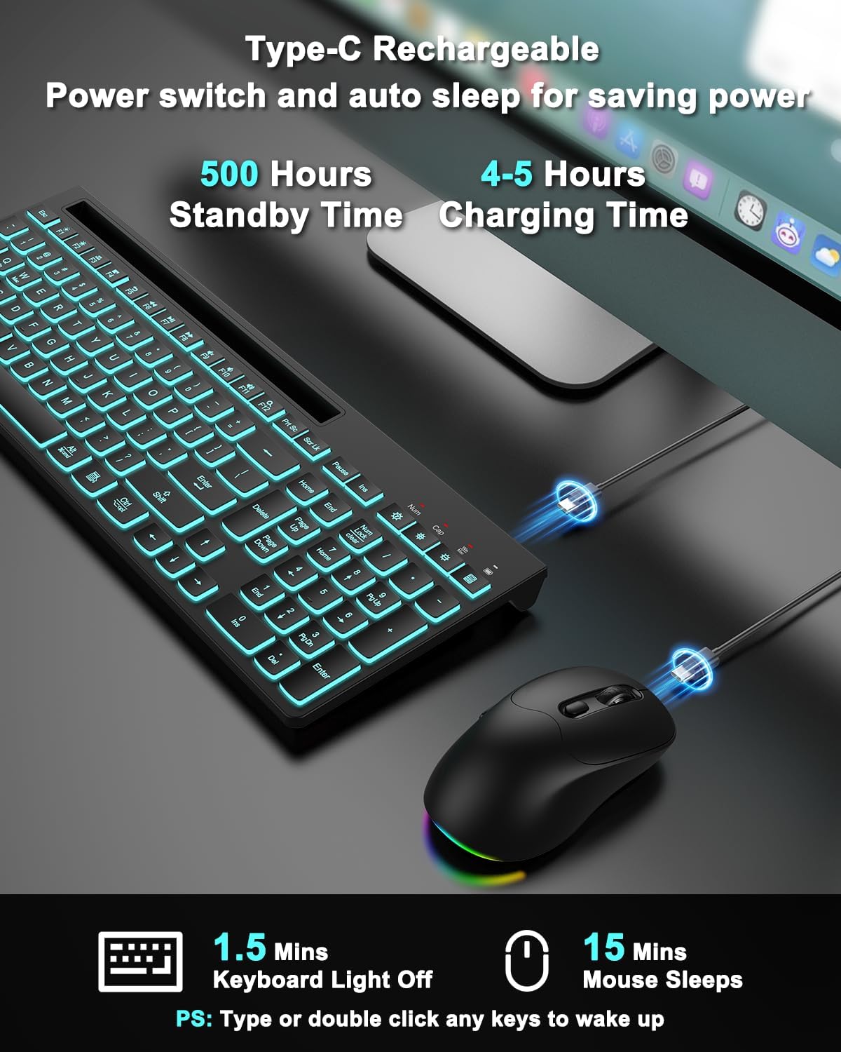 Combo de teclado y mouse inalámbricos, 7 efectos retroiluminados, l...