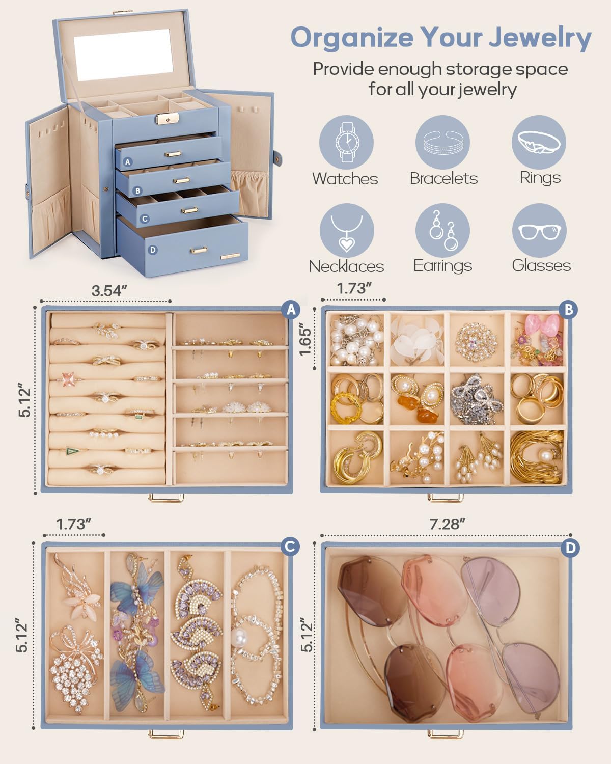 Homde - Joyero grande para mujer: organizador de 5 capas con cerrad...