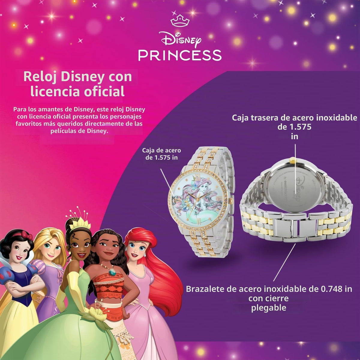 Disney Reloj de cuarzo analógico redondo brillante para adultos