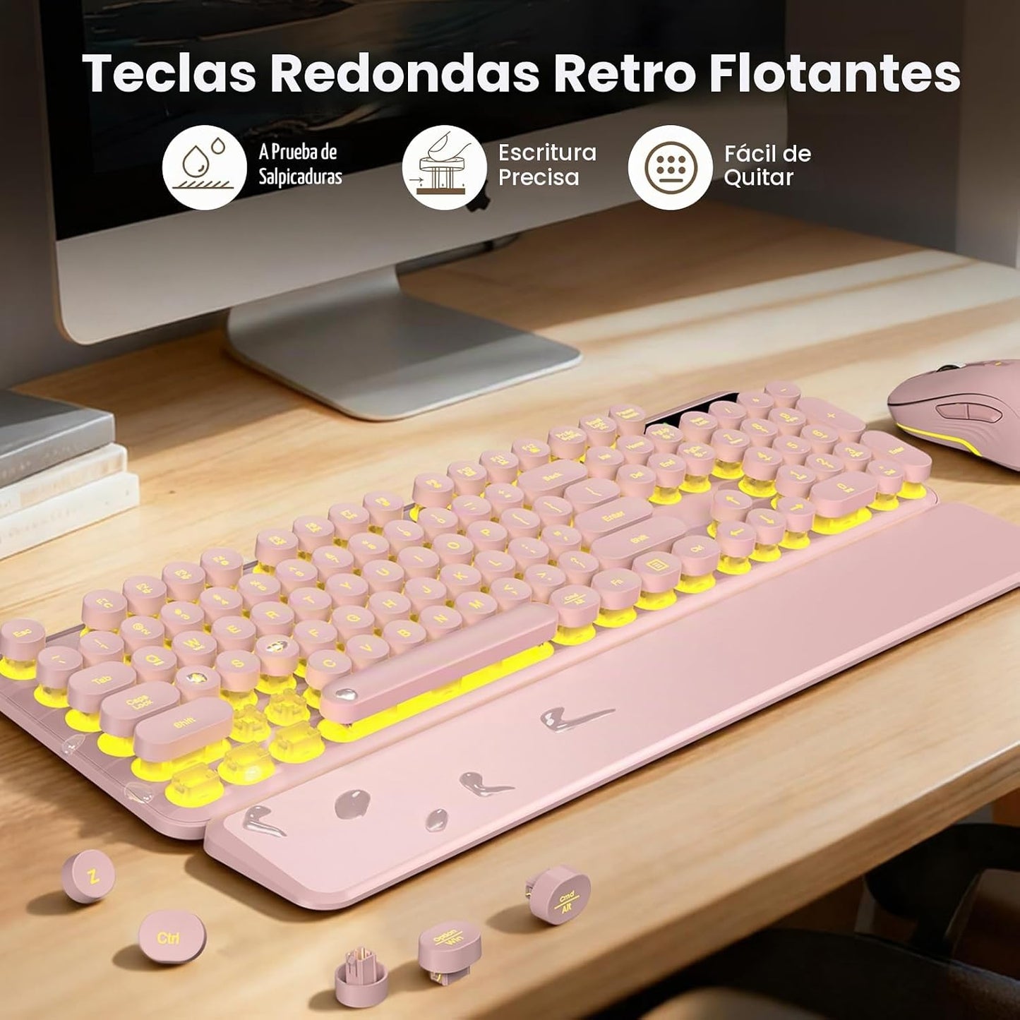 Combo de teclado y mouse inalámbricos, teclas redondas retroilumina...
