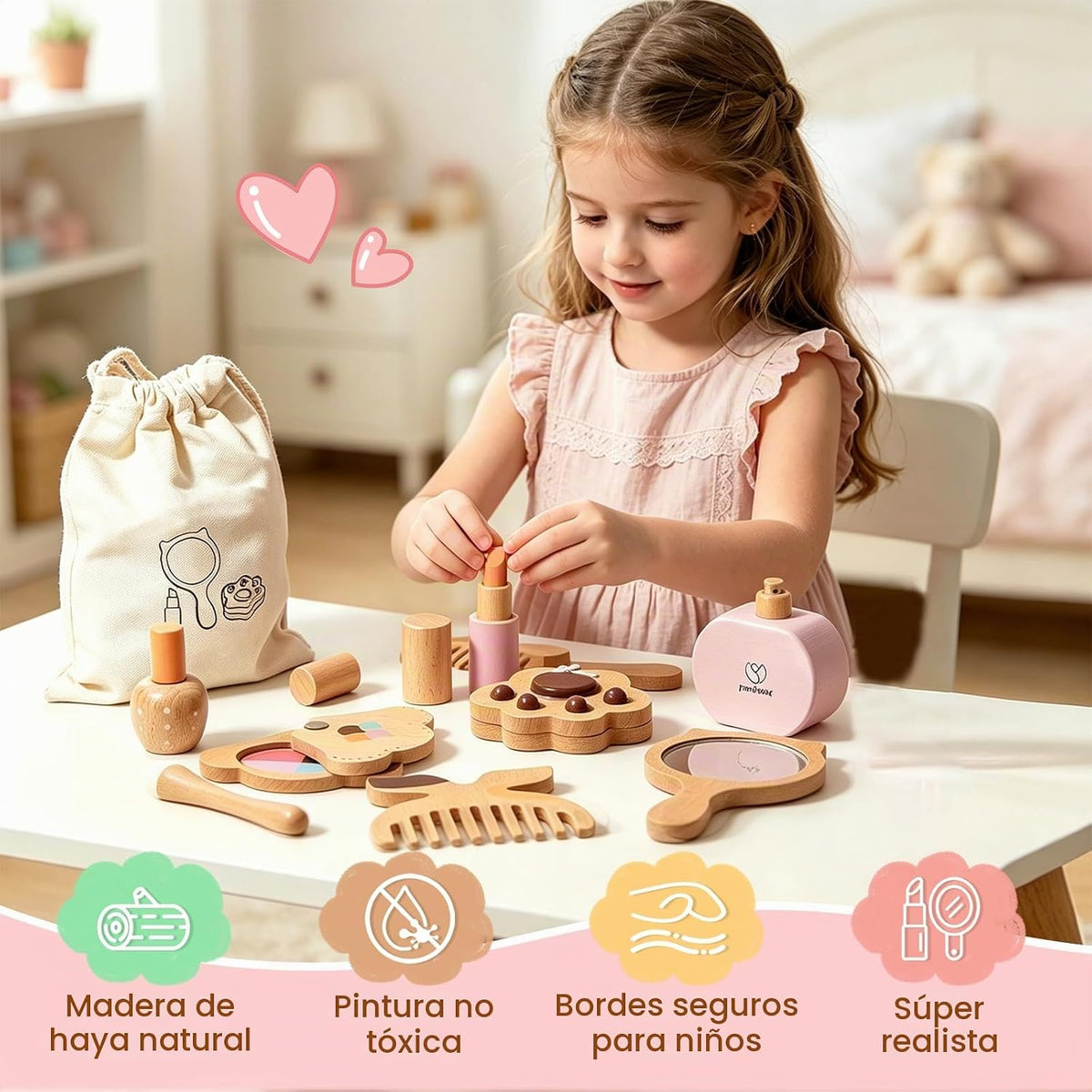 Brownroot Kit de maquillaje de madera para niñas con cosméticos de...