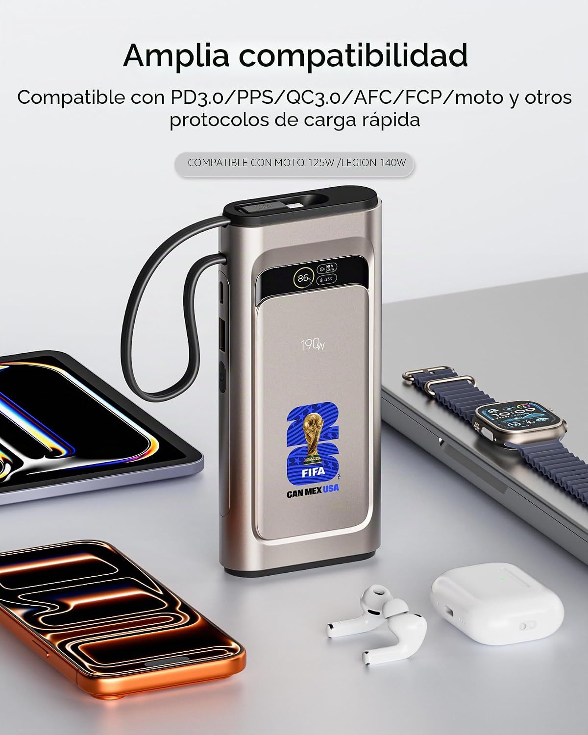 Banco de energía 2026 con licencia de la FIFA de 190 W 20000 mAh pa...