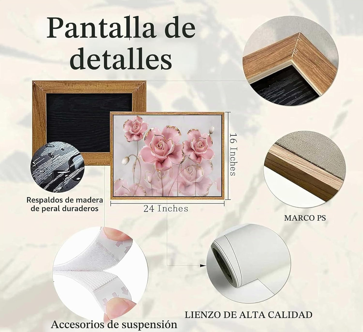 Lienzo enmarcado moderno y delicado de rosas de oro rosa, arte de p...