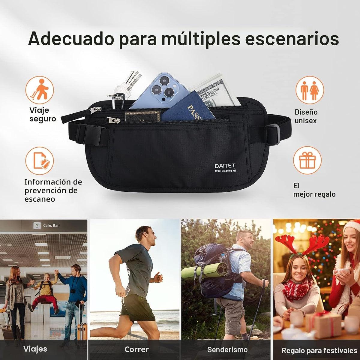 DAITET Cinturón de dinero, soporte para pasaporte, cartera de viaje...