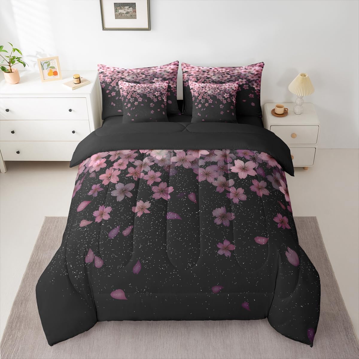 Erosebridal Juego de edredón de flores de cerezo tamaño Queen, 7 pi...