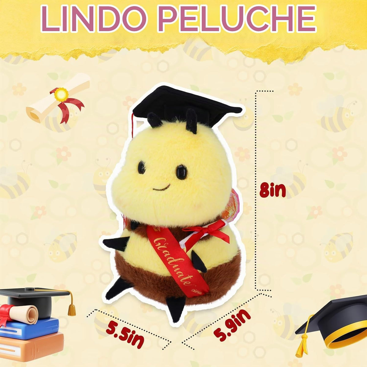 RHHSSE Peluche de abeja sonriente gordita con gorra de doctorado, a...
