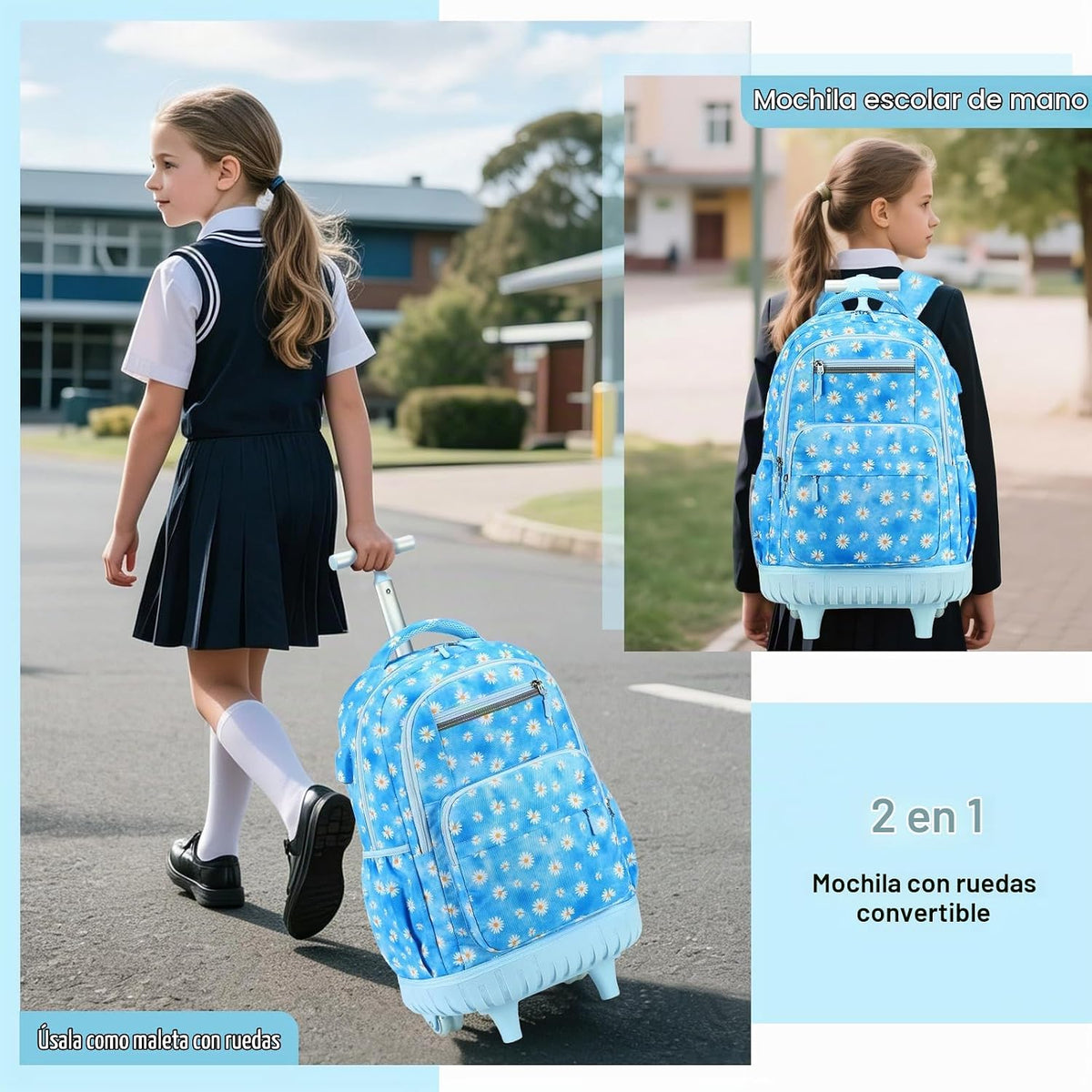 ACESAK Mochila con ruedas para niñas, mochila escolar con ruedas en...