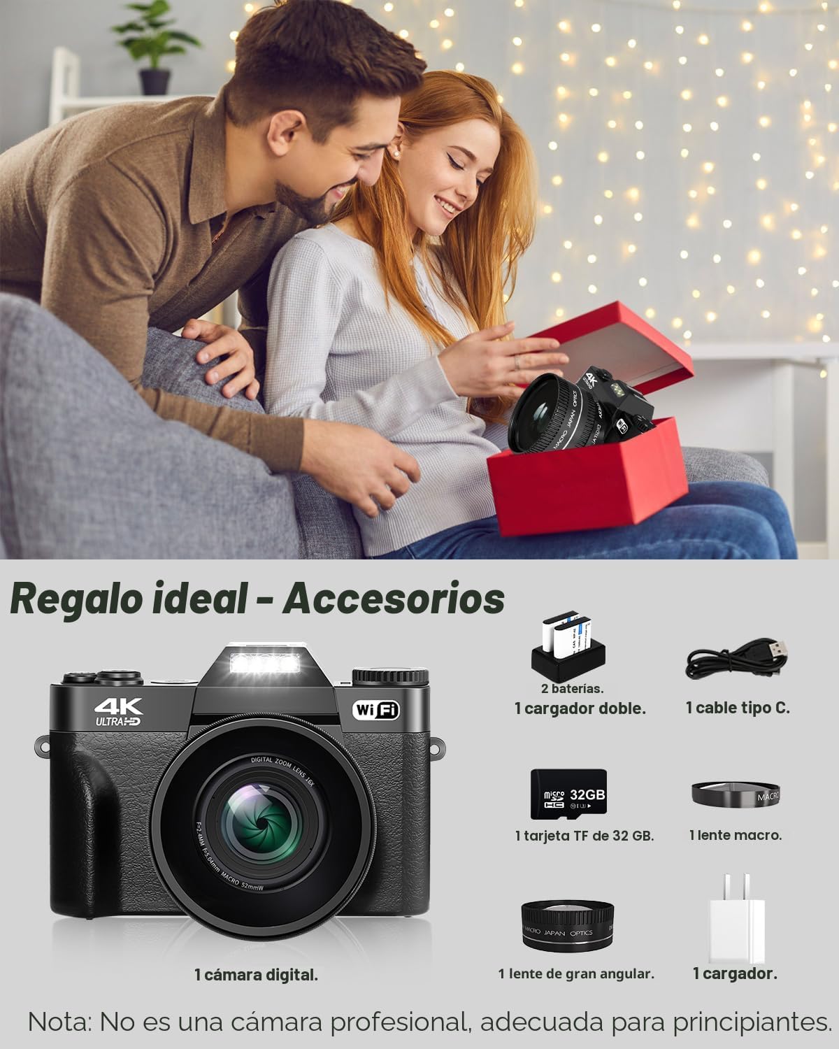 VJIANGER Cámara digital 4K, cámara de vlogging con WiFi y pantalla...