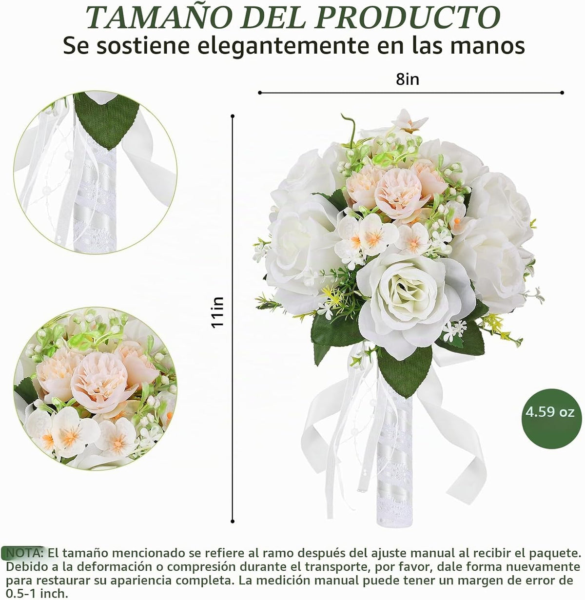 Qeedy - Ramos de boda para novia, rosas artificiales de seda de 8 p...