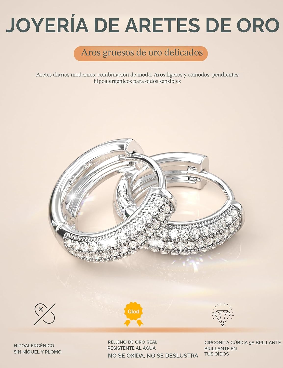 LOLIAS Pequeños aretes de aro gruesos chapados en oro de 14K para m...