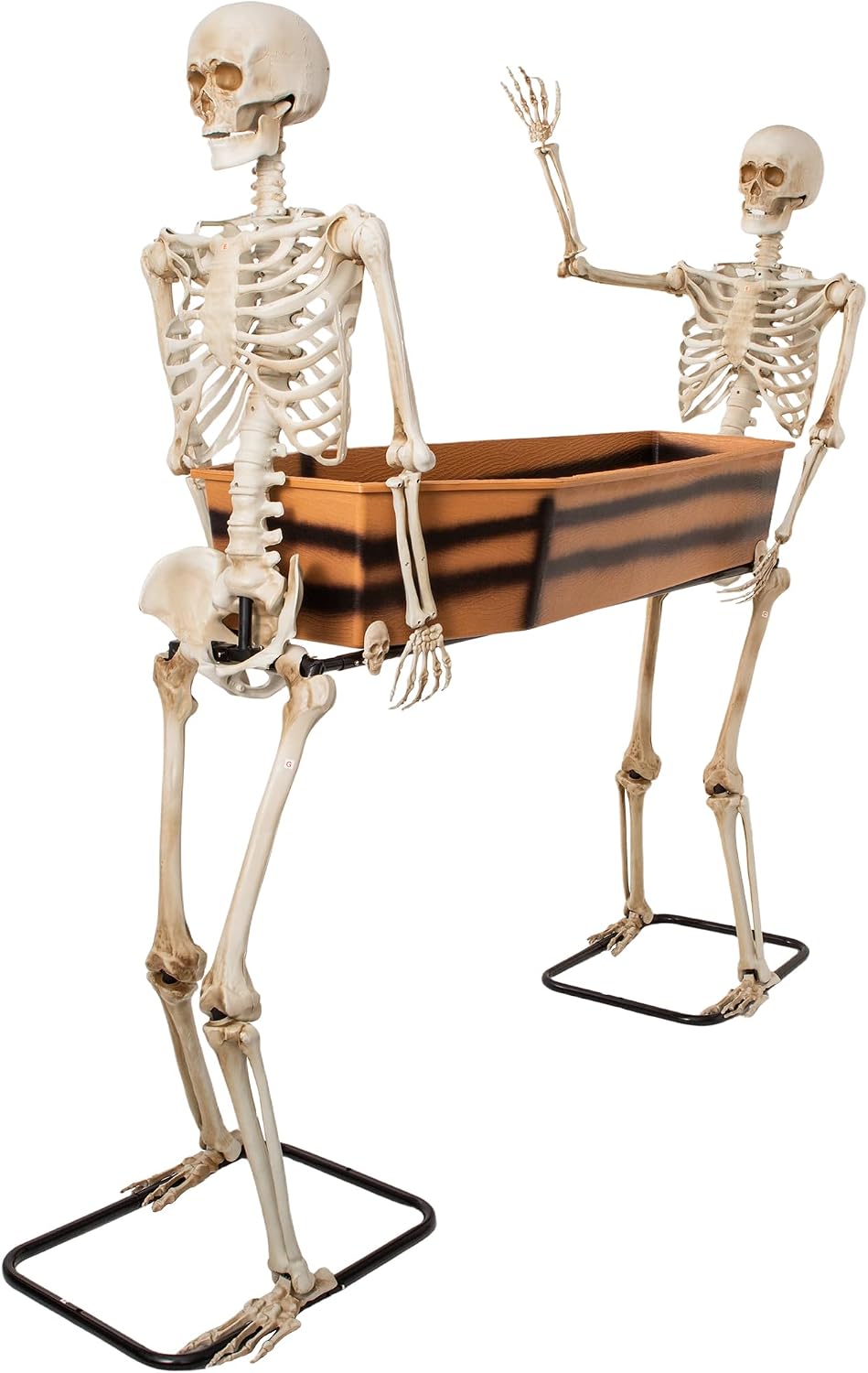 Dos esqueletos que transportan decoraciones de Halloween abiertas,...