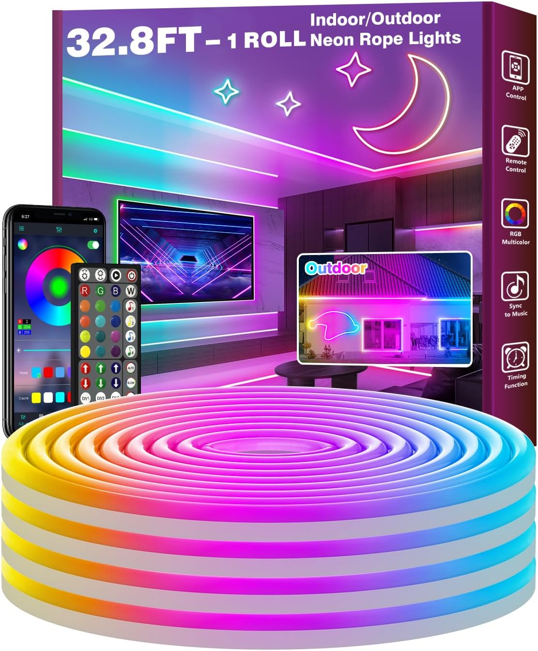 FBZ Cuerda de luces de neón RGB de 32.8 pies, IP65 impermeable para...